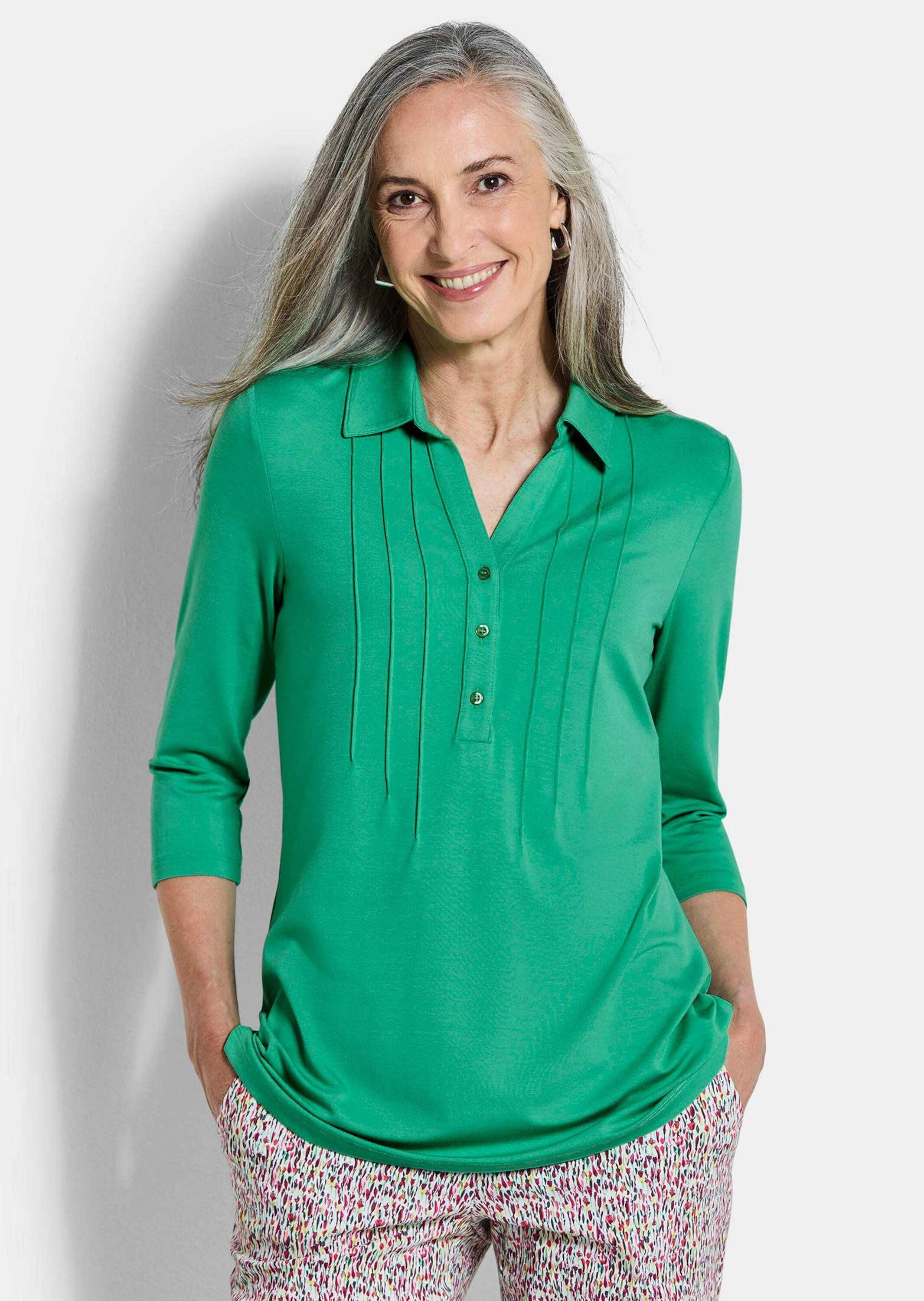 GOLDNER Tunika Elegantes Blusenshirt mit Biesen Jerseybluse mit offenem Hemdkragen, Knopfleiste und 3/4-Ärmeln