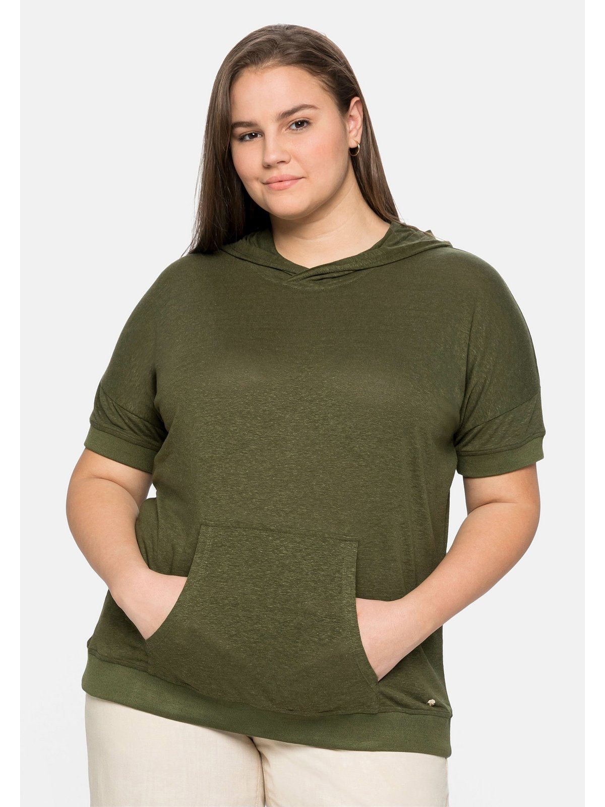 [Das Beste der Branche] Sheego T-Shirt Große Größen mit Kapuze, Leinen-Baumwoll-Mix im