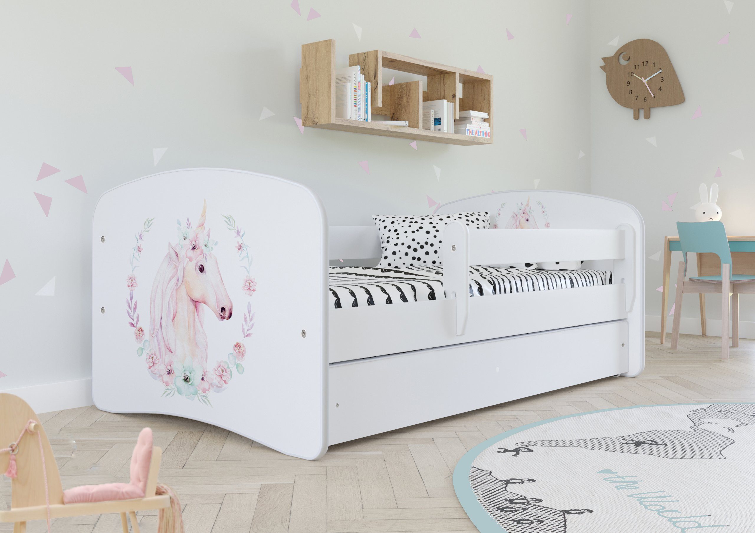 Mädchen und mit Bjird (optional und Jungen verschieden Farben Matratze, Varianten cm Schublade 160x80 Babydream 180x80 Lattenrost), cm und mit 140x70 weiß Kinderbett cm für Rausfallschutz