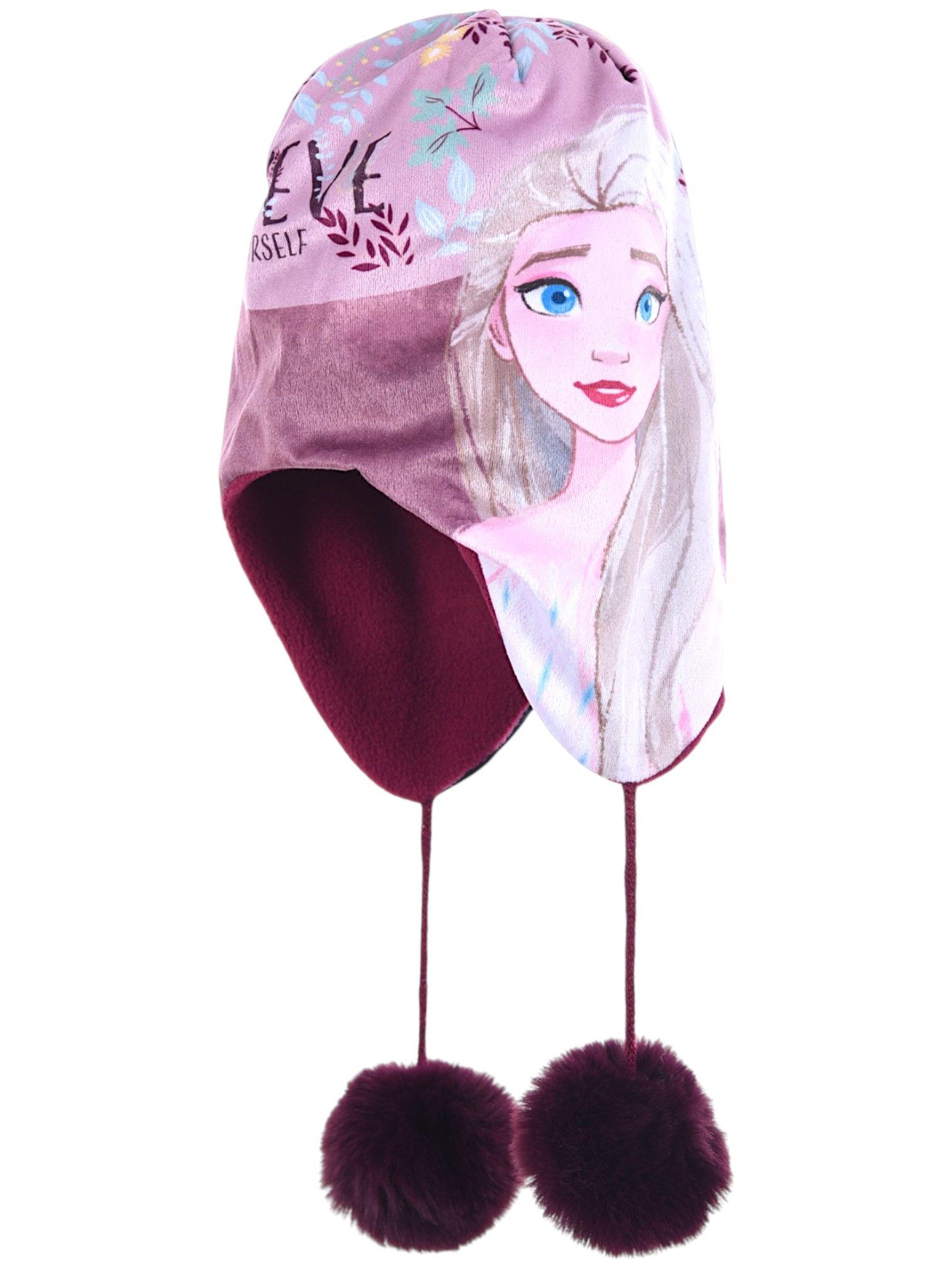 Disney Frozen Fleecemütze Elsa & Anna Wintermütze mit verlängerten Ohrenklappen Peruvian Mütze mit Fleecefutter und flauschige Kunstfell-Pompons