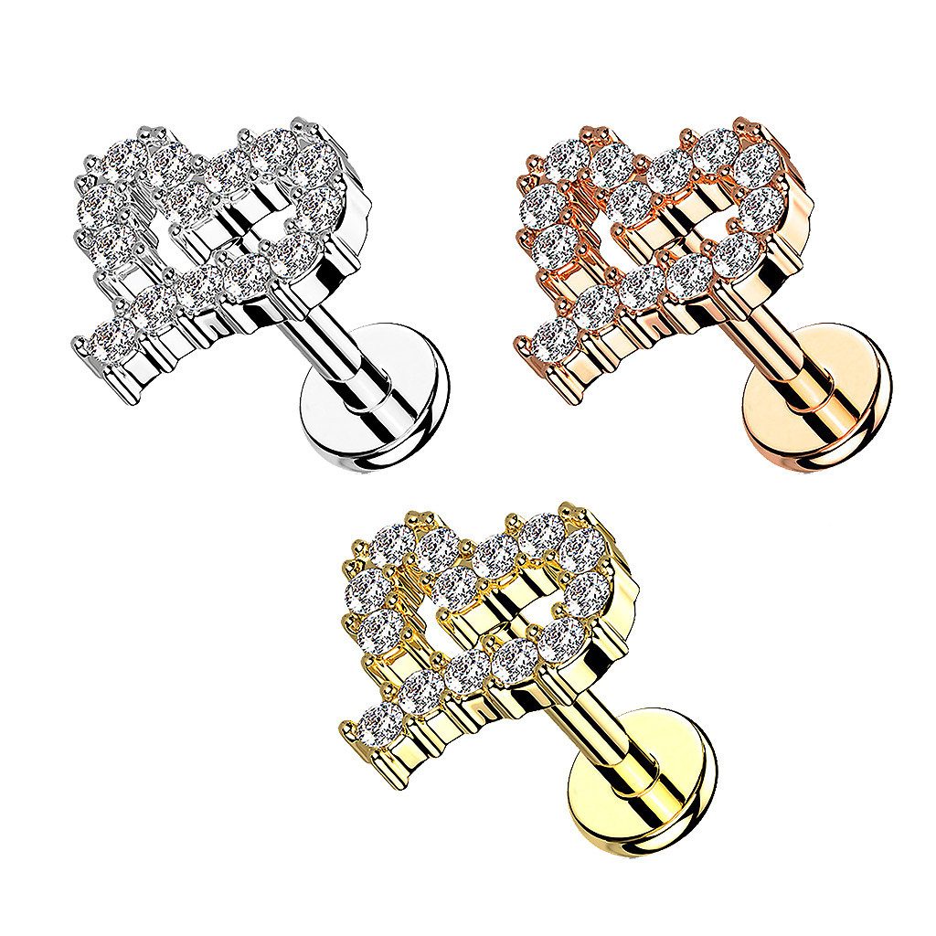 Taffstyle Piercing-Set Tragus Conch Piercing flach Innengewinde Zirkonia Herz Gold 8mm (Labret Ohr Tragus Helix Lobe Knorpel Piercing), Ohrstecker Labret Helix Lippenpiercing Stecker Ohrpiercing Cartilage