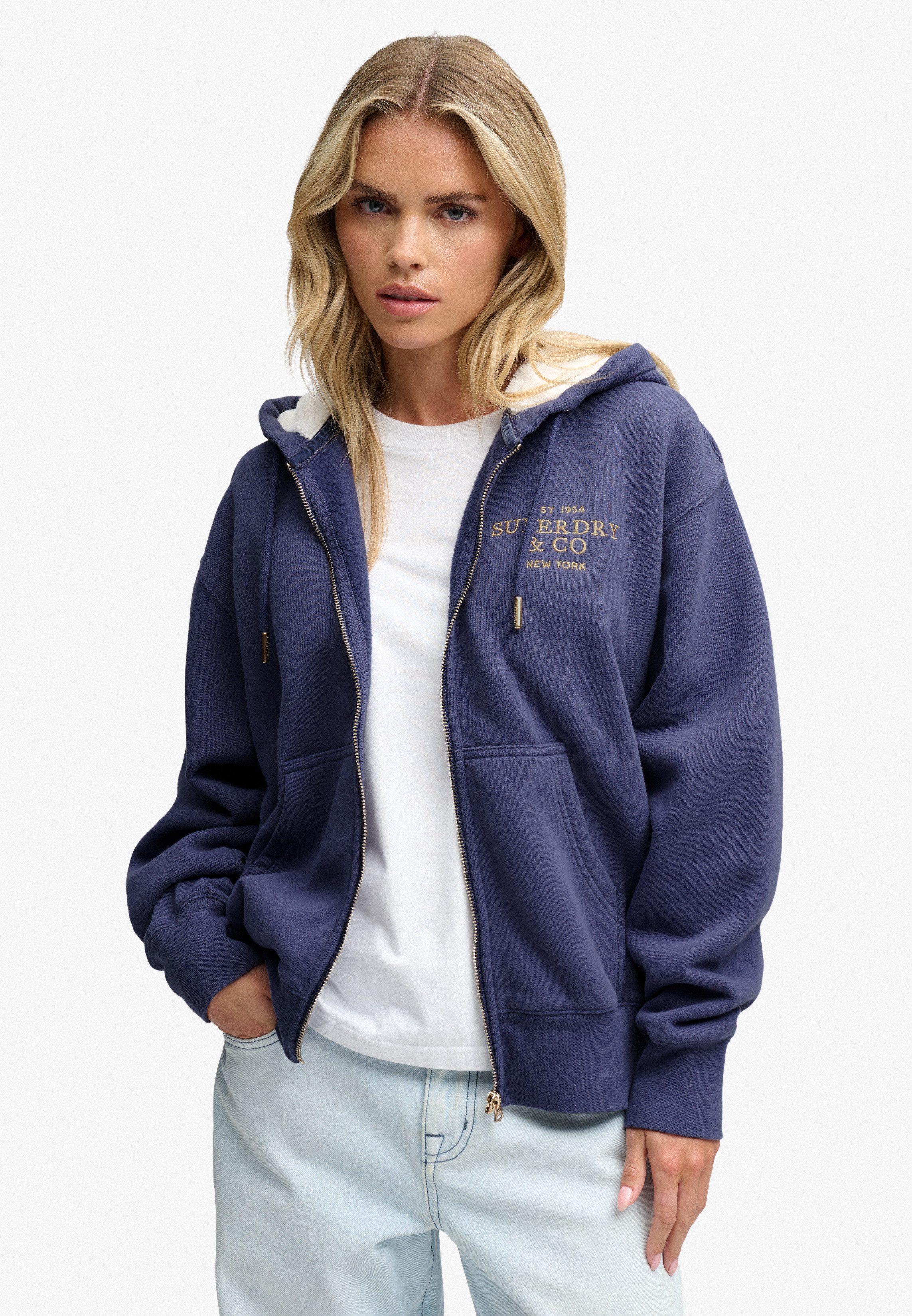 Superdry Kapuzensweatjacke LUXE FUR LINED ZIPHOOD Baumwollmischung, relaxed fit