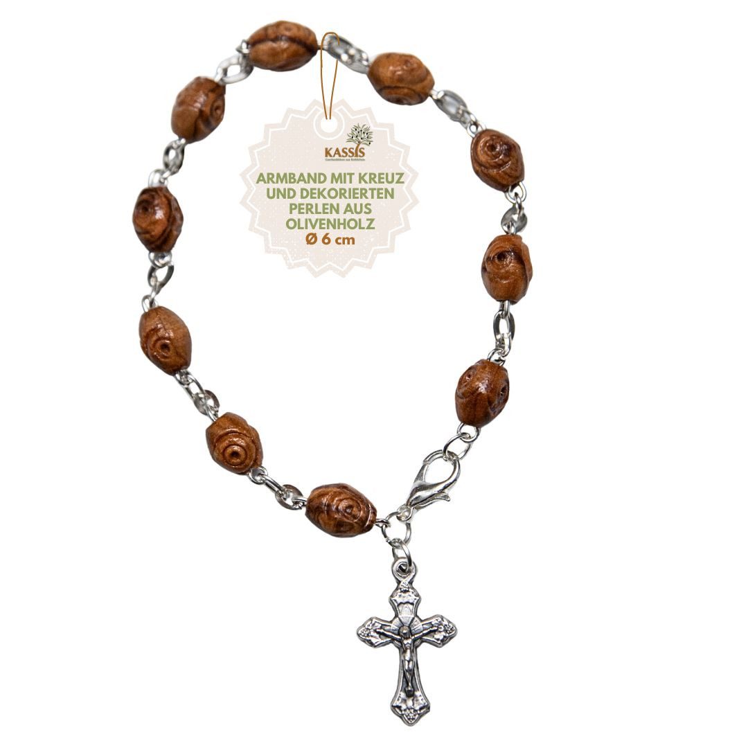 Kassis Geschenkartikel Armband mit verzierten Olivenholz-Perlen Geschenk Talisman Glücksbringer, handgefertigt in Bethlehem, Geschenk zu Kommunion Taufe Firmung