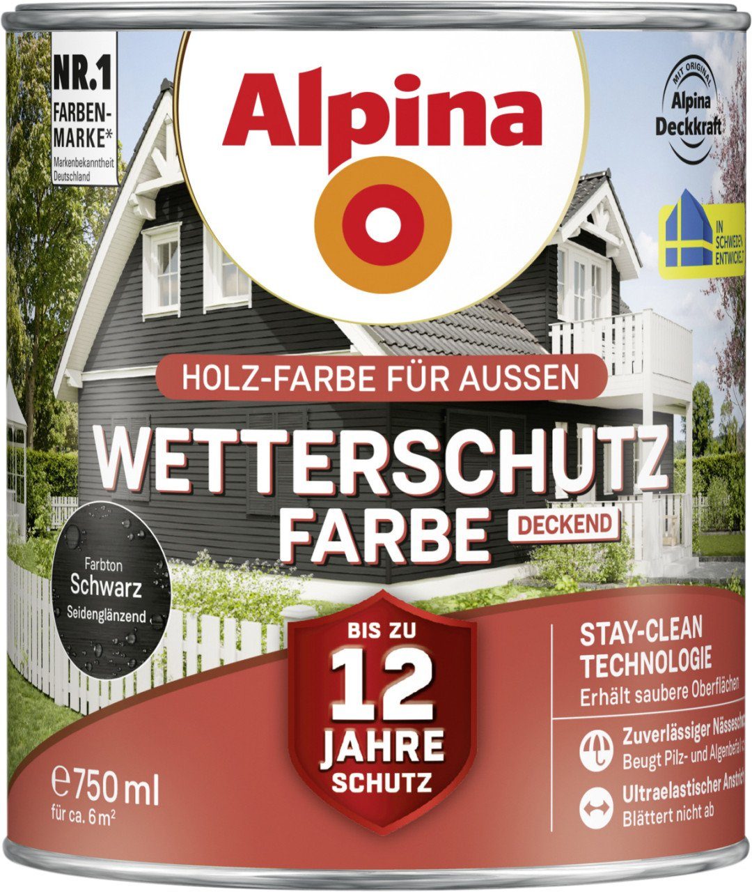 Alpina Holzschutzlasur Alpina Wetterschutzfarbe deckend 0,75 L schwarz | Holzlasuren