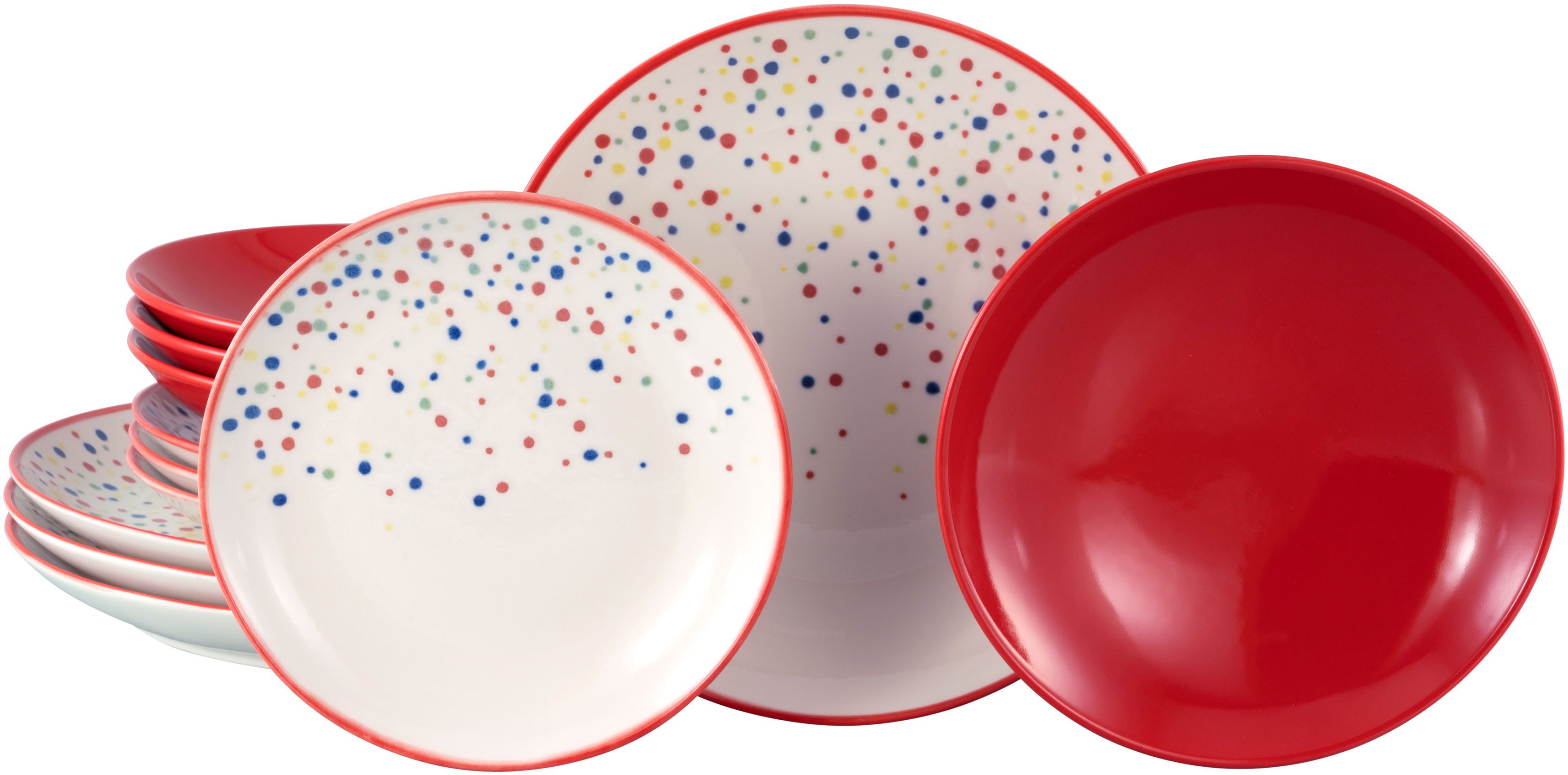 creaTable Teller-Set Joy, Teller Set 12-tlg. (12-tlg), 4 Personen, Steinzeug, Unregelmäßige bunte Punkte, Gute Laune Geschirr, Frisch, …