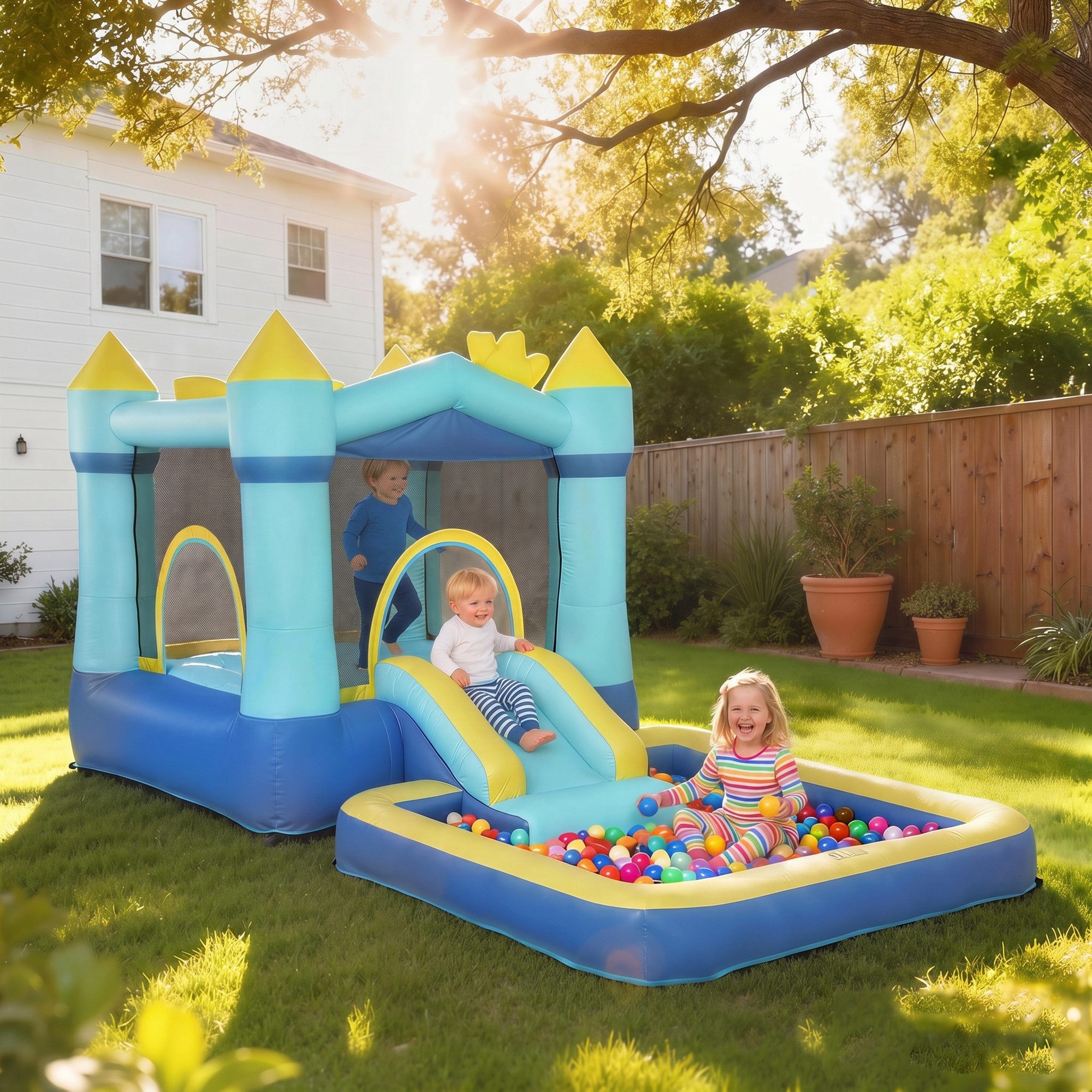 AIYAPLAY Hüpfburg Trampolin Planschbecken/Bällebad Basketballkorb Wasserpistole, (Bouncy Castle, 1-tlg., Aufblasbar Spielcenter), für 3-8 Jahre Kinder für Indoor & Outdoor 364x173x182 cm Blau