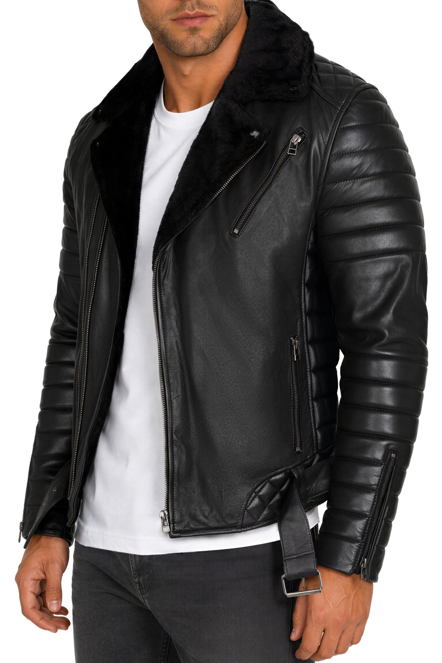 Reichstadt Lederjacke Herren Slim Fit Bikerjacke Black Zipper RS008LUX gefüttert mit Steppmustern – Bild 5 von 5