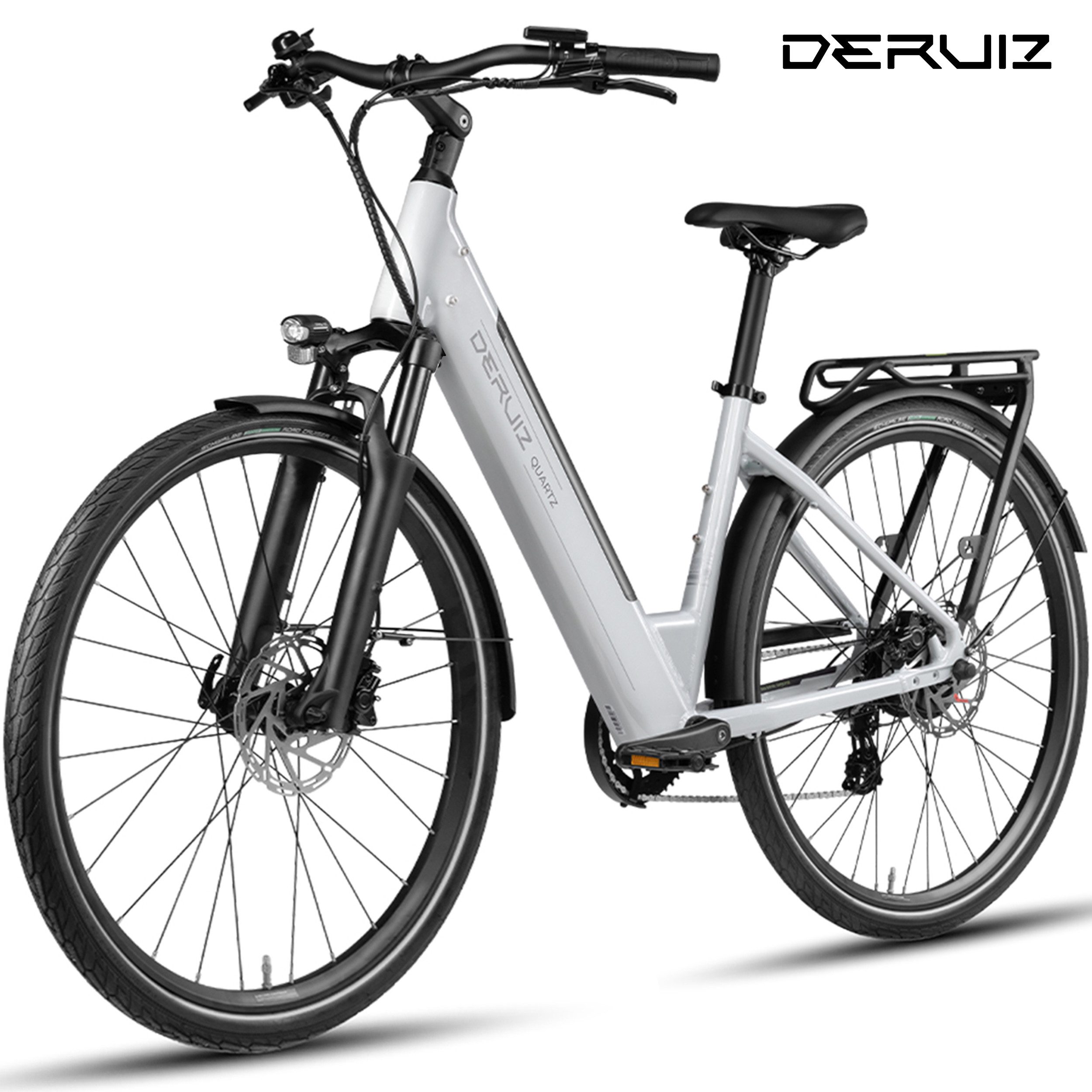 DERUIZ E-Bike Cityrad 28 Zoll, Elektrofahrrad für Damen & Herren, bis zu 161 km, 8 Gang Schiamano Altus RD-M310 Schaltwerk, Kettenschaltung, Heckmotor, 644,00 Wh, (Federgabel mit Lockout, Farb-LCD-Display mit Bluetooth, Drehmomentsensor), 5 Unterstützungsstufen / Anfahrhilfe, hydr. Scheibenbremse, RH: 44cm