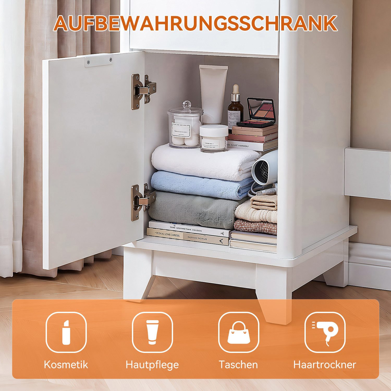 oyajia Schminktisch Kosmetiktisch mit Spiegel und Hocker, 2 Schubladen, 80 x 36x 135cm (Kinder Schminktisch mit LED-Beleuchtung und Schiebespiegel), 3 Lichtfarb – Bild 5 von 5