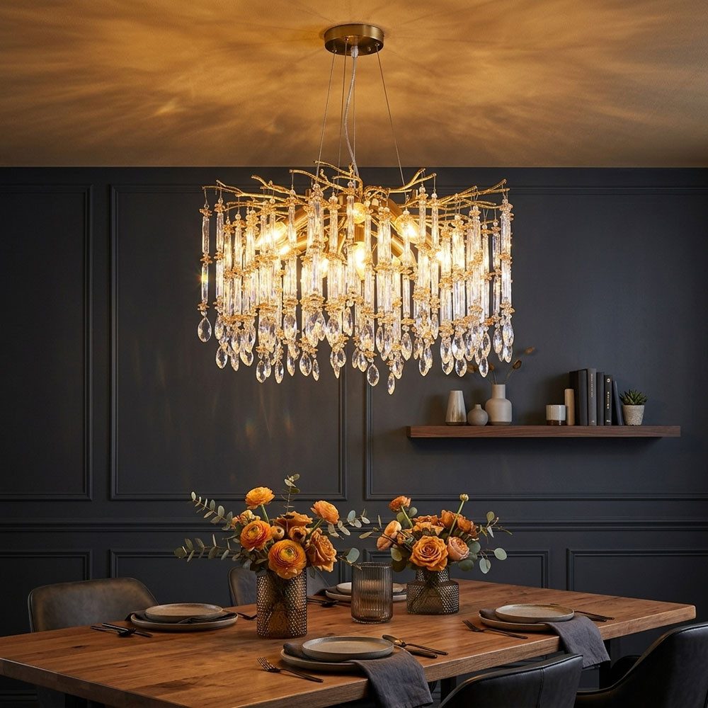 GLOBO LIGHTING Kronleuchter, Leuchtmittel inklusive, Warmweiß, LED Pendelleuchte Kronleuchter goldfarben Glaskristalle H 120 cm