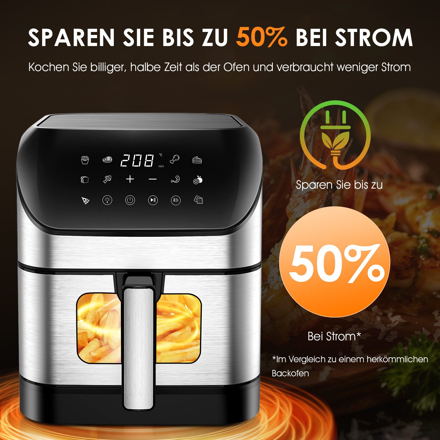 oyajia Heißluftfritteuse 10L Heißluftfritteuse aus Edelstahl, 2 Heizelementen, 12 Automatikprogramme, Sichtfenster, Touch Bedienfeld, LED Anzeige, 1800 W, Tempe – Bild 3 von 5