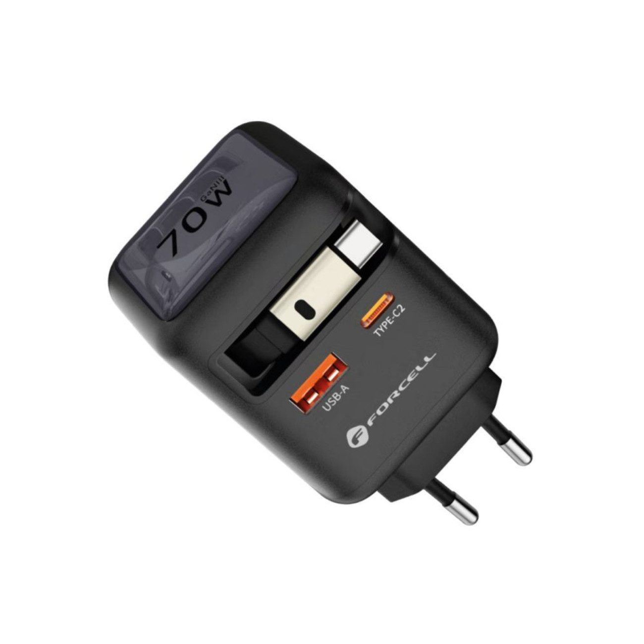 Forcell VT-R7 USB-Ladegerät (3450 mA, Einzelgerät, Einzelgerät, Reiseladegerät mit GaN3-Technologie, 70 W, 3 Ladeoptionen)