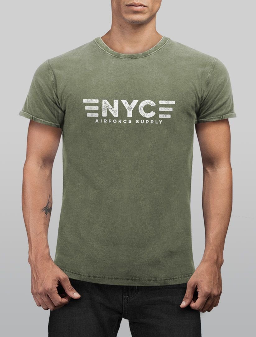 Print Vintage Airforce Slim Herren mit Supply New NYC T-Shirt Aufdruck Neverless Printshirt Fit Shirt City Print-Shirt Used Print Look York Neverless® oliv