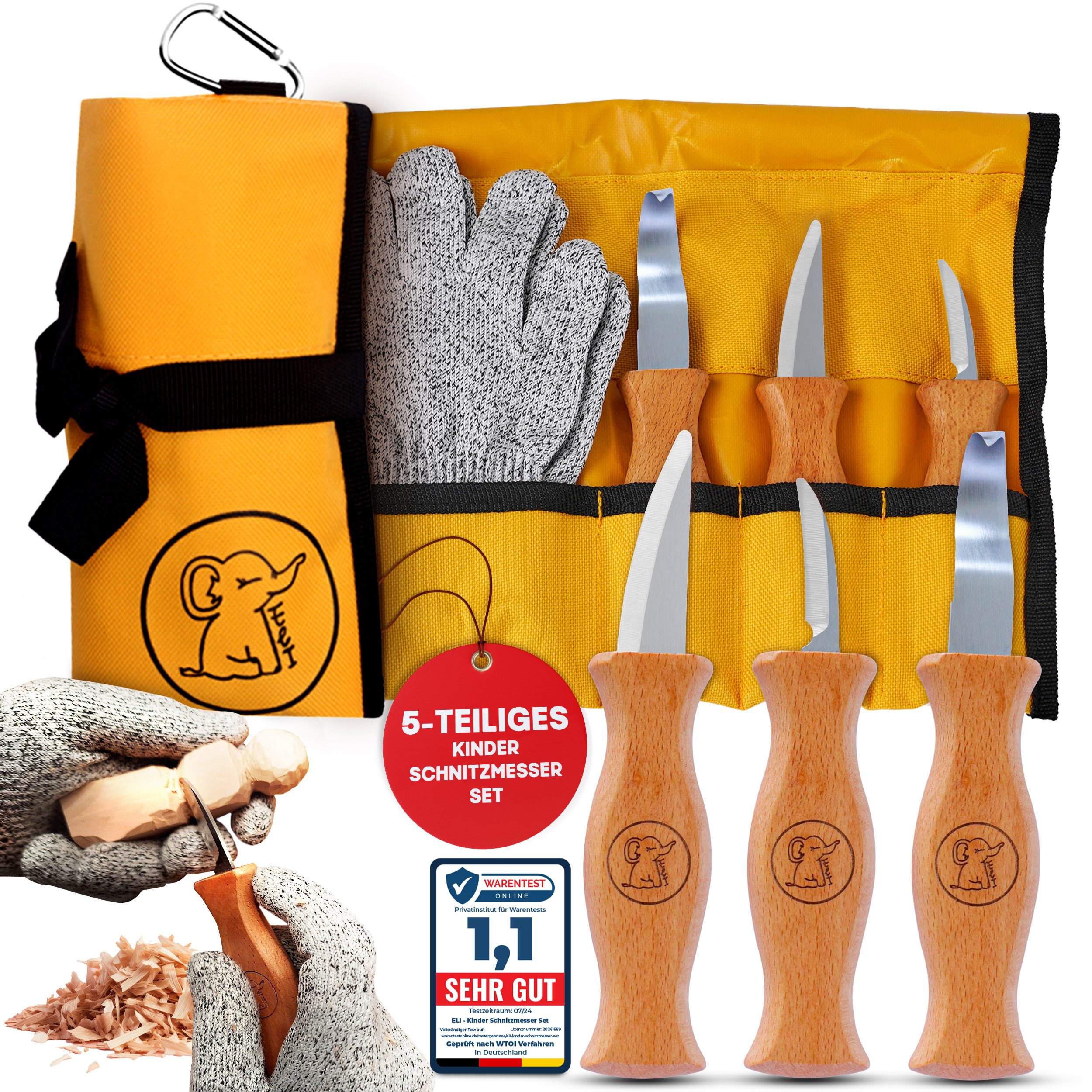 Eli Taschenmesser Schnitzmesser Kinder - Kindermesser - Schnitzset - Kindertaschenmesser, (Schnitzwerkzeug - Outdoor Messer, 5 St., Kinderschnitzmesser - Griffe aus Buchenholz), inkl. schnittfeste Handschuhe - Beidhändig - rostfreier Stahl