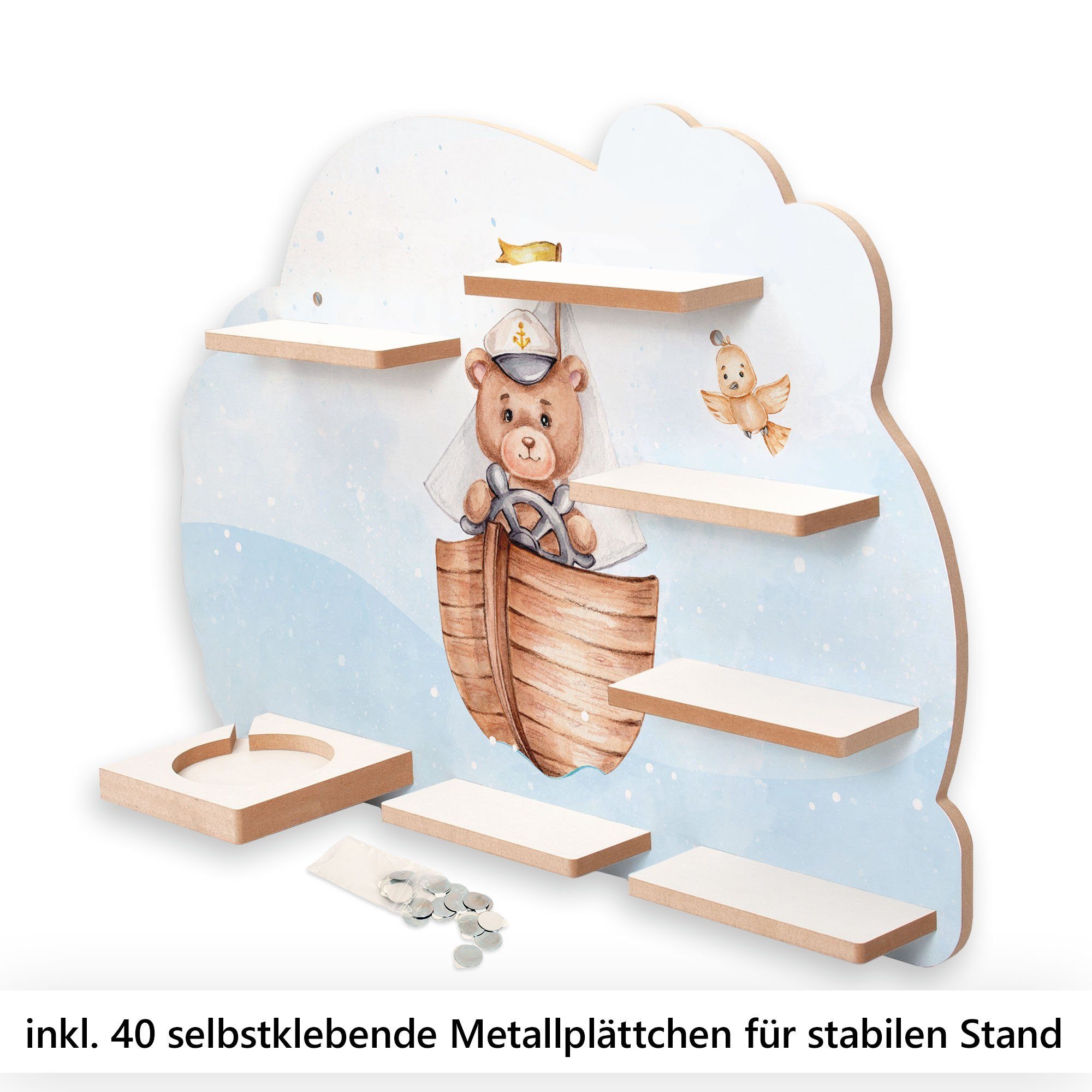 Metallplättchen MUSIKBOX-REGAL und Wandregal Feder TONIES inkl. Teddy, 40 Kapitän TONIE-BOX für Kreative