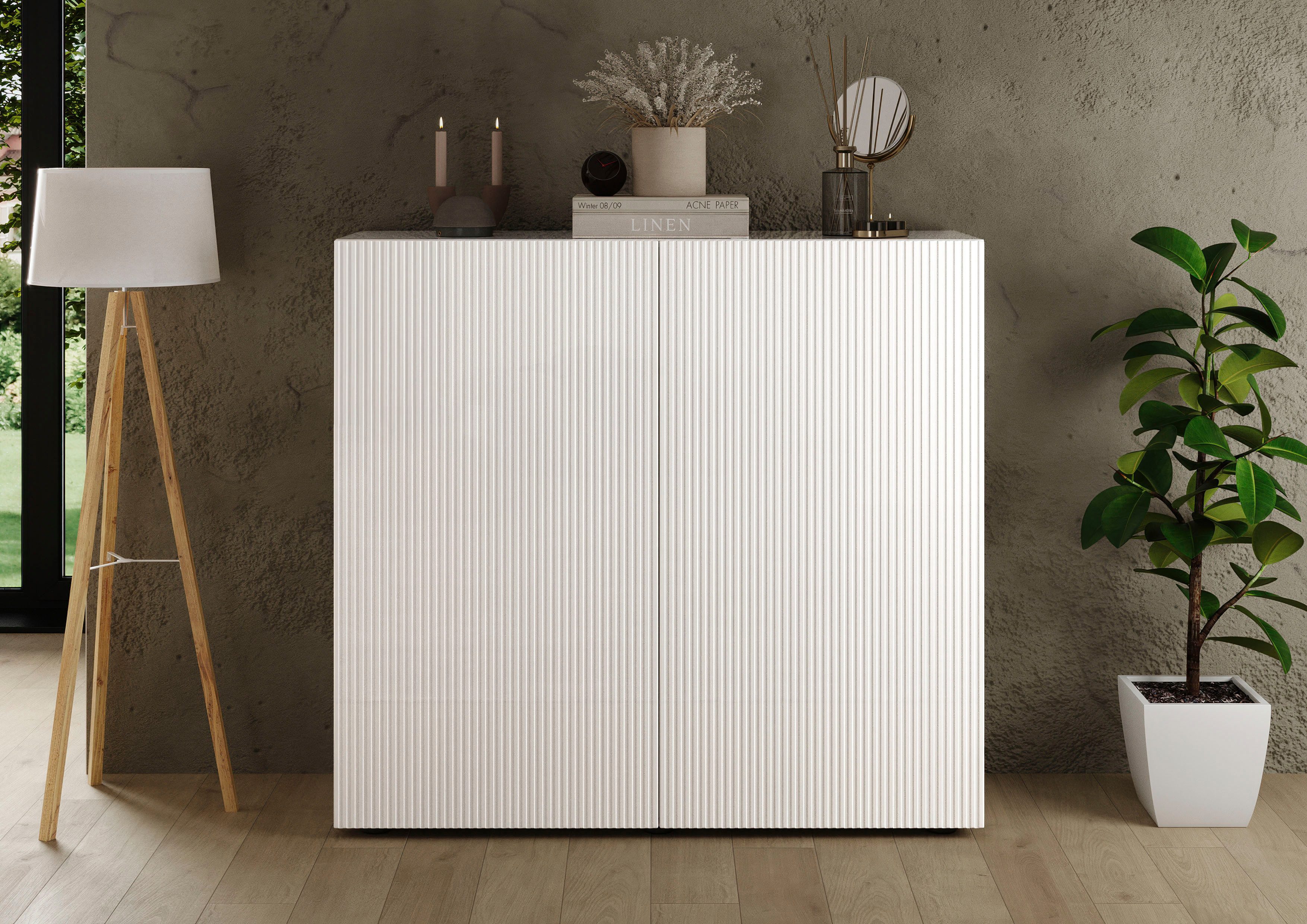 INOSIGN Highboard Rio, Höhe 111 cm, Breite 120 cm, Stauraumschrank, Kommode, 2 Türen, geriffelte MDF-Fronten, modern u. elegant, viel Stauraum