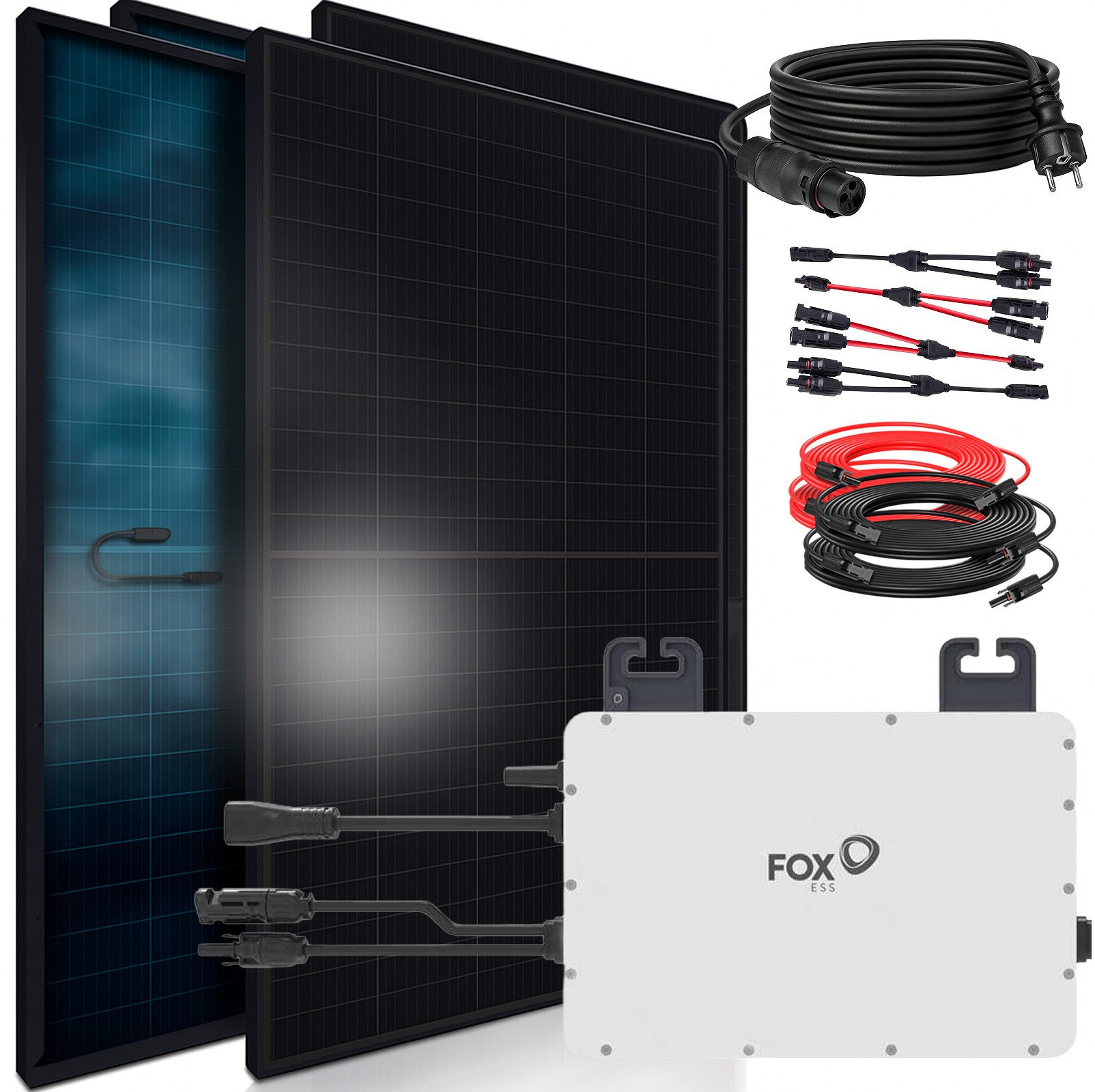 SUNNIVA Balkonkraftwerk 1840W BIFAZIAL FULLBLACK komplett Steckdose, (Fox ESS 800W Wechselrichter, PV Solaranlage, 4x 460W Glas-Glas Solarmodule, inkl. 5m Kabel, Bluetooth WIFI, Komplettset)