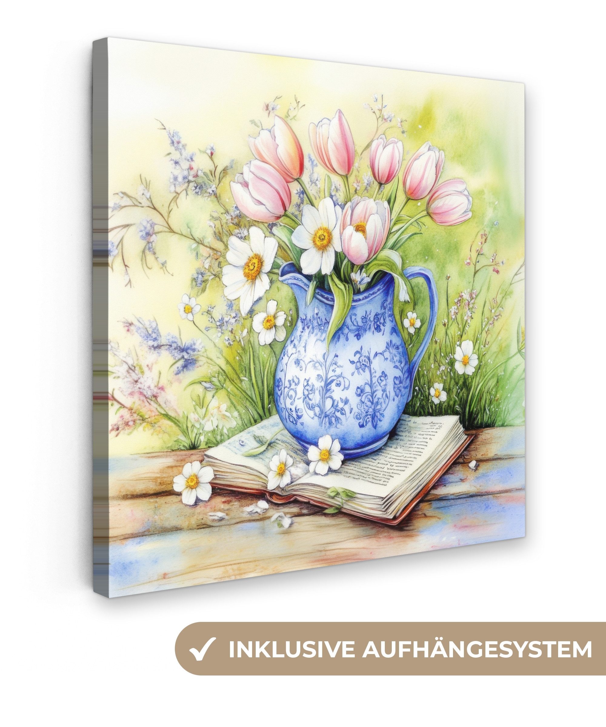 Leinwandbild Vase - Delfter Blau - Gänseblümchen