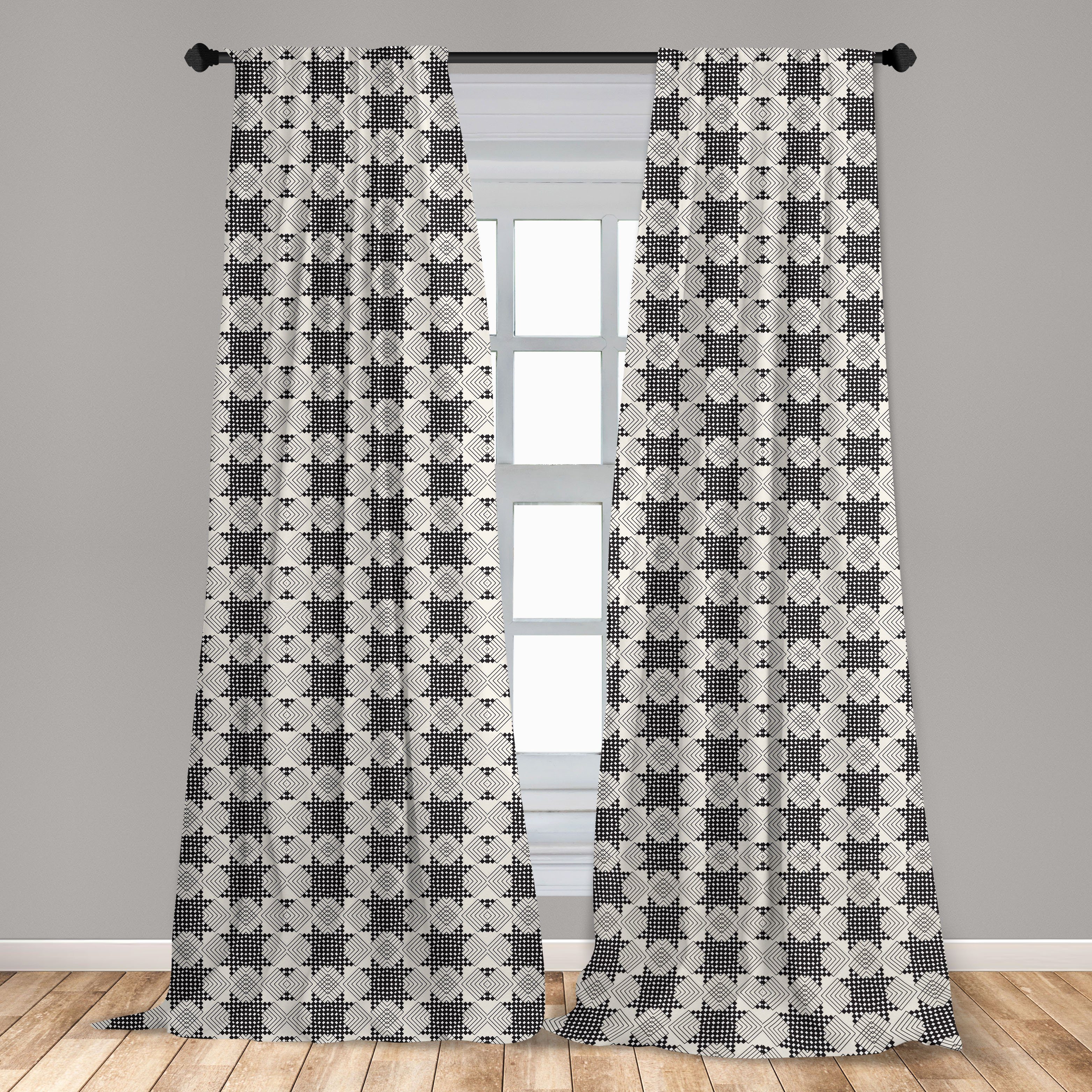 Gardine Vorhang für Wohnzimmer Checkered Dekor, Schlafzimmer Geometrisch Motiv Abakuhaus, gestreiftes Microfaser