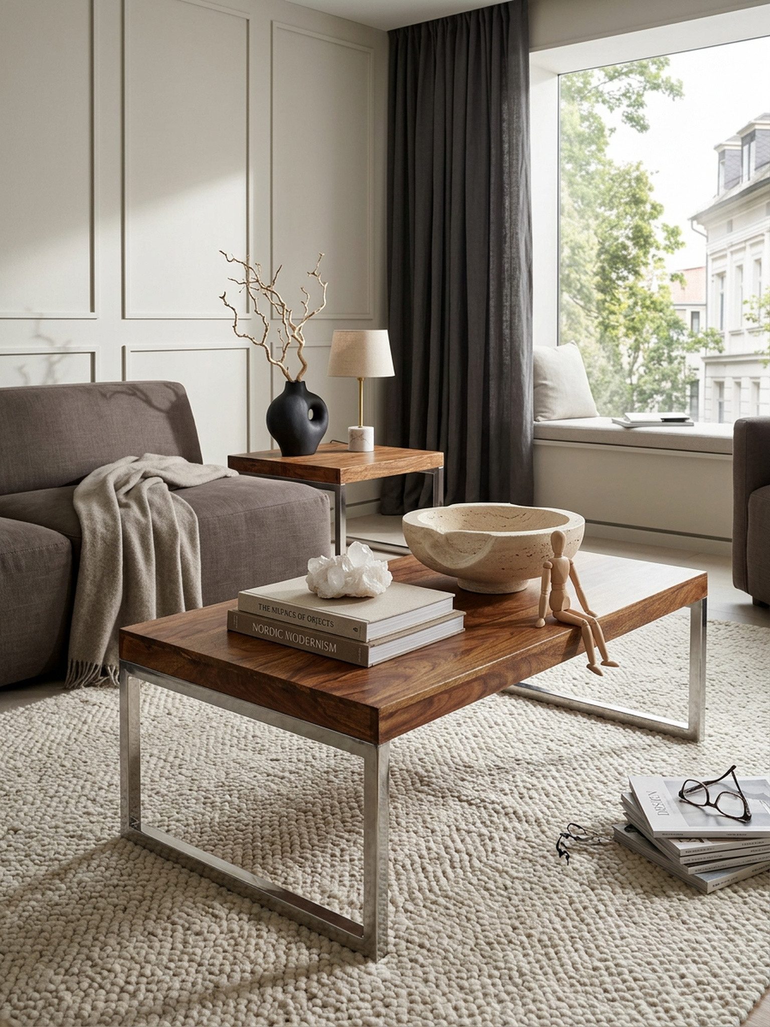 KADIMA DESIGN Couchtisch Couchtisch GUNA Massiv-Holz 120cm breit Wohnzimmer-Tisch, Design dunkel-braun Landhaus-Stil Beistelltisch