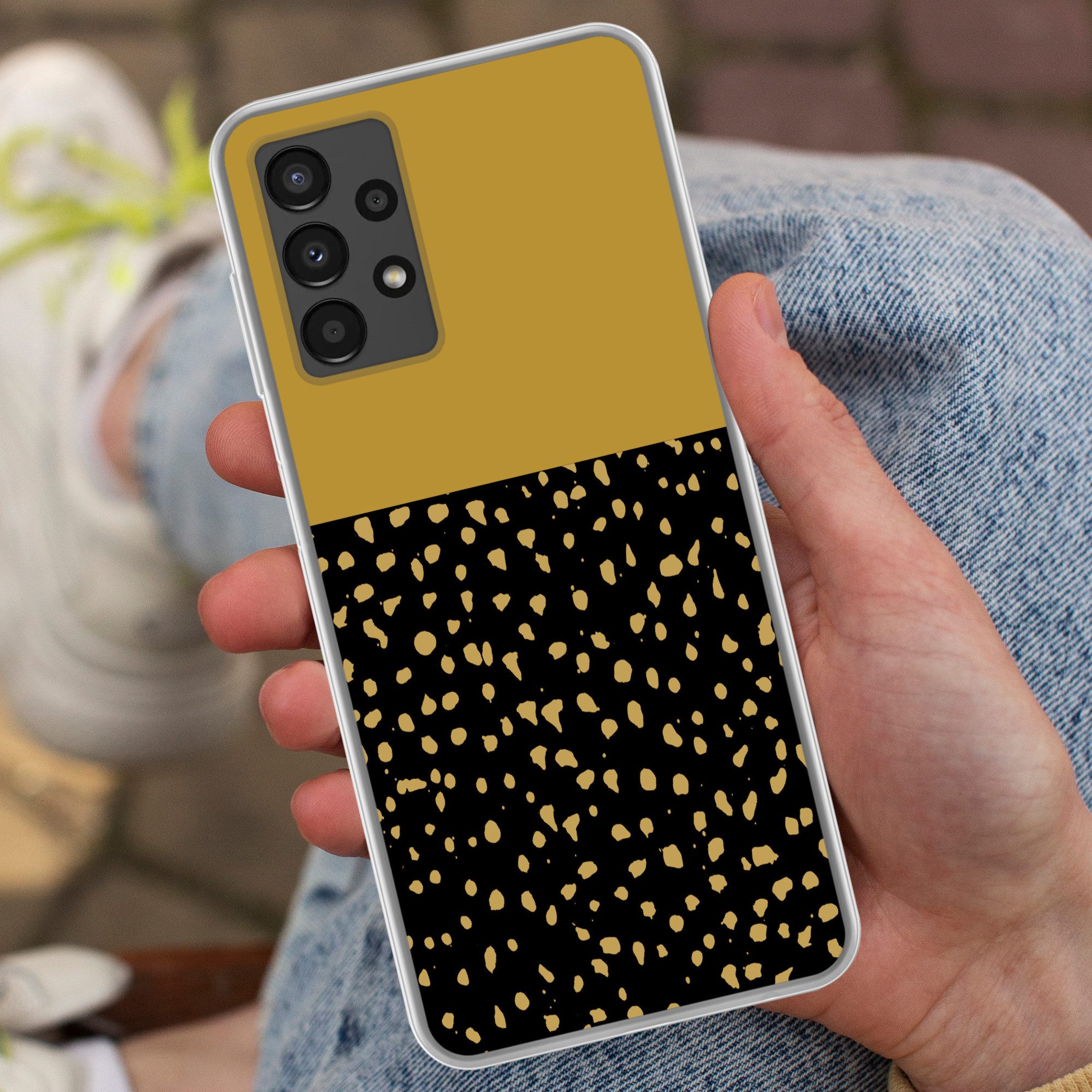MuchoWow Handyhülle für Samsung Galaxy A13 4G Polka dots - Ockergelb - Schwarz, Smartphone-Bumper, Print, Handy Schutzhülle Dünn