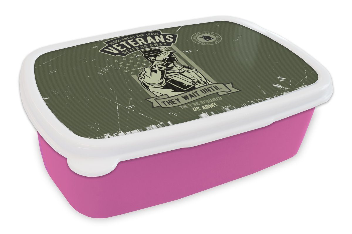 MuchoWow Lunchbox Vintage - Armee - Fahne, Kunststoff, (2-tlg), Brotbox für Erwachsene, Brotdose Kinder, Snackbox, Mädchen, Kunststoff rosa