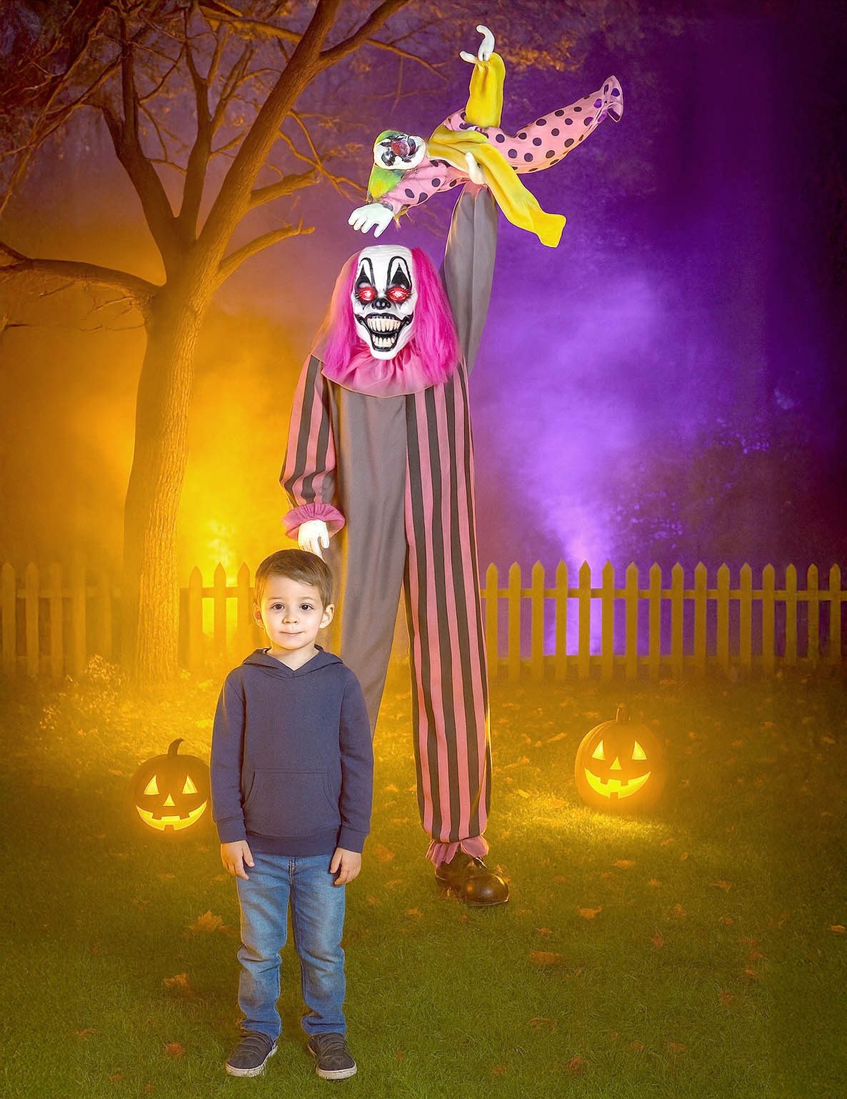 Espa Clown-Kostüm Bewegliche Gruseldeko mit Ton - Schauriger Clown mit Kind, 210 cm