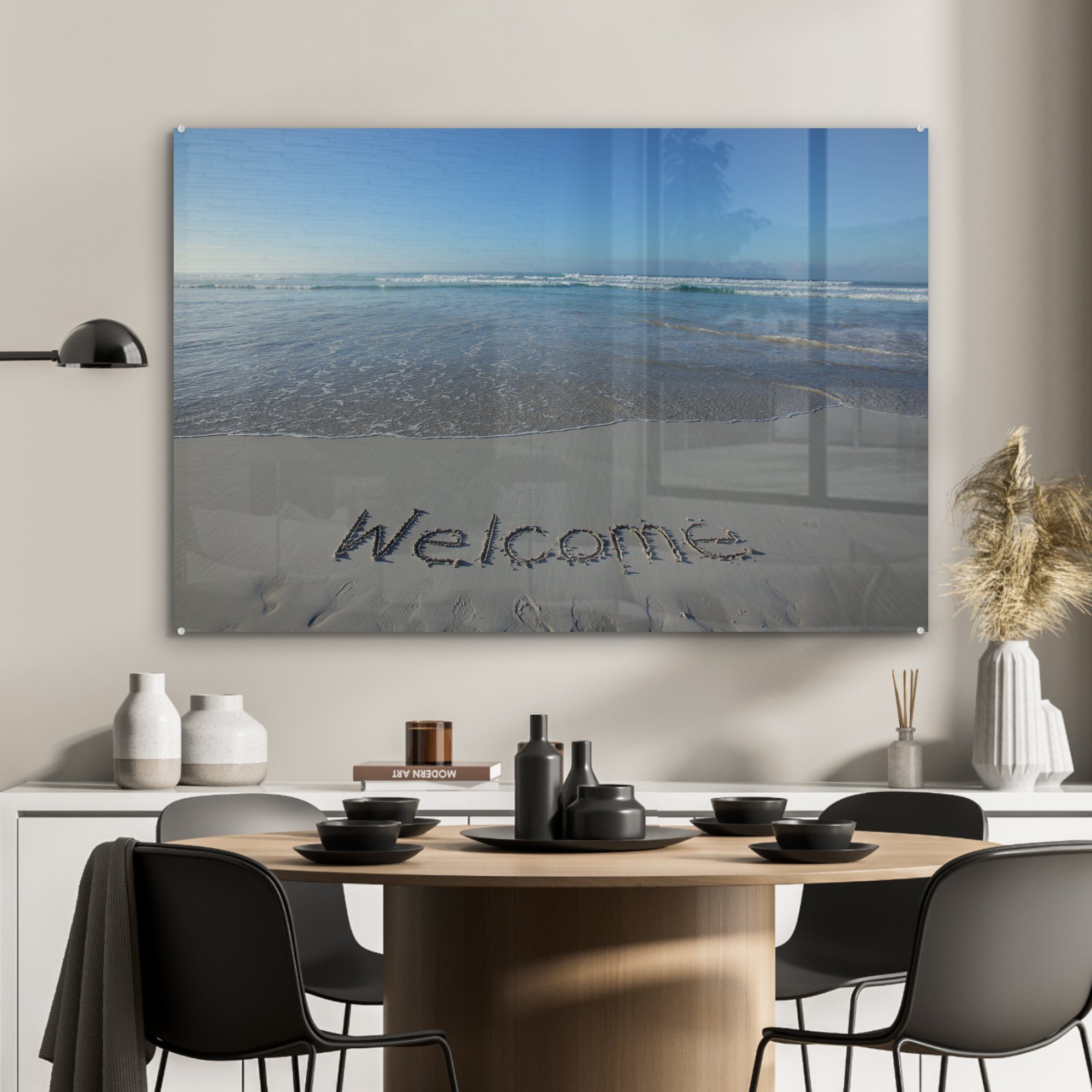 (1 Wohnzimmer & Wort, einem geschrieben Acrylglasbild Acrylglasbilder Ein MuchoWow Strand., St), Schlafzimmer an abgelegenen