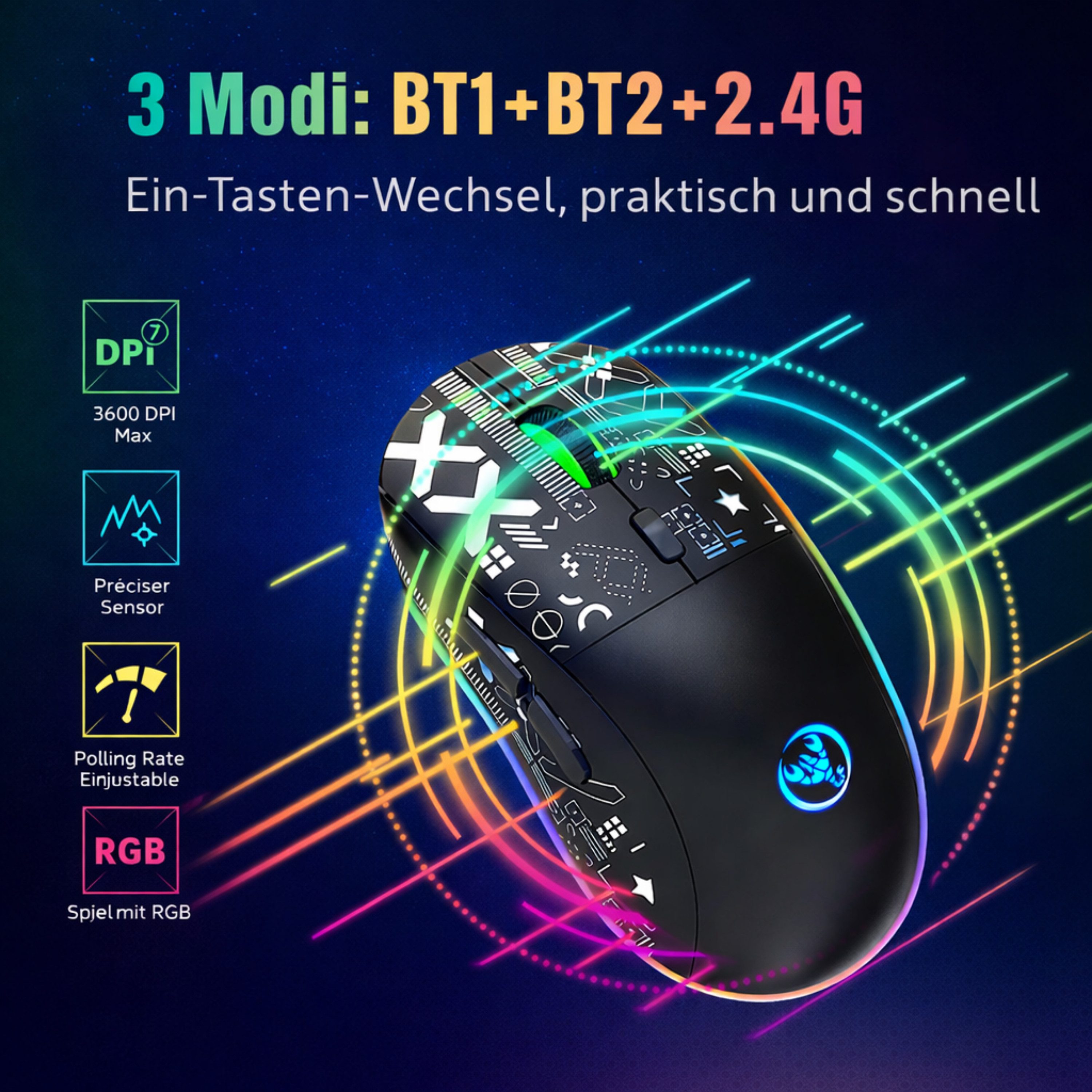 RUHE RGB Gaming Maus Kabellos Wireless Leise Maus Beleuchtung Plug & Play Gaming-Maus (Bluetooth, Funk, kabelgebunden, 3 Geräte Verbindung, Drahtlos, Optische Maus, 3600 dpi, 10M Einstellbar DPI Schwarz Weiß 6 Tasten für Laptop/PC/Mac/Computer)