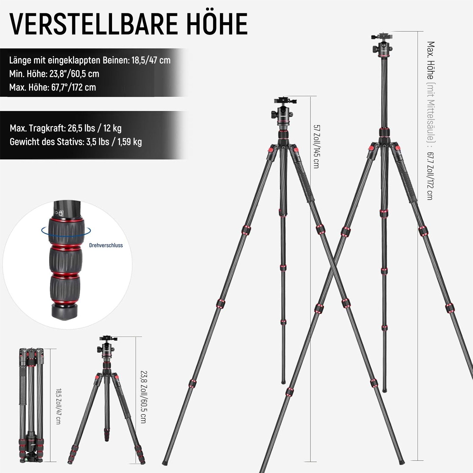 Neewer N55C Carbon Einbeinstativ 172cm mit Kugelkopf, max. 12kg Kamerastativ (höhenverstellbar von 57.5 bis 172 cm)