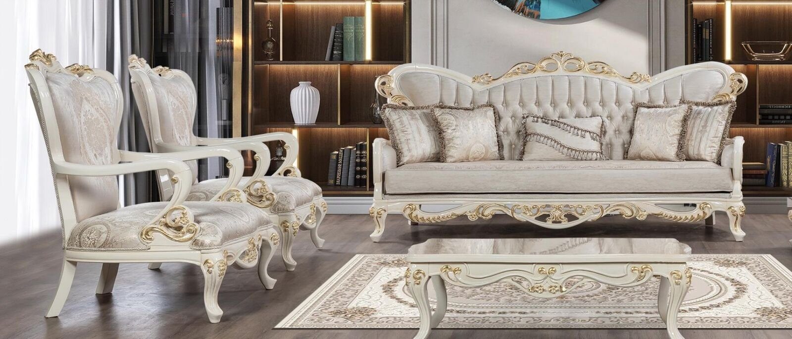 JVmoebel Wohnzimmer-Set Sofagarnitur 3+1+1 Sitzer Polyester Sofas Sessel Luxus Klassisches, (3-St)