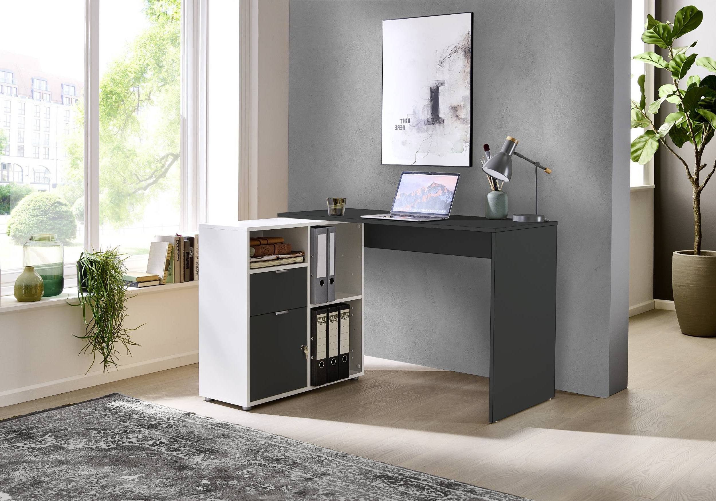 BMG Möbel Eckschreibtisch LENI (Schreibtischplatte mit Regal), Breite 110 cm, spiegelverkehrt montierbar, abschließbare Tür