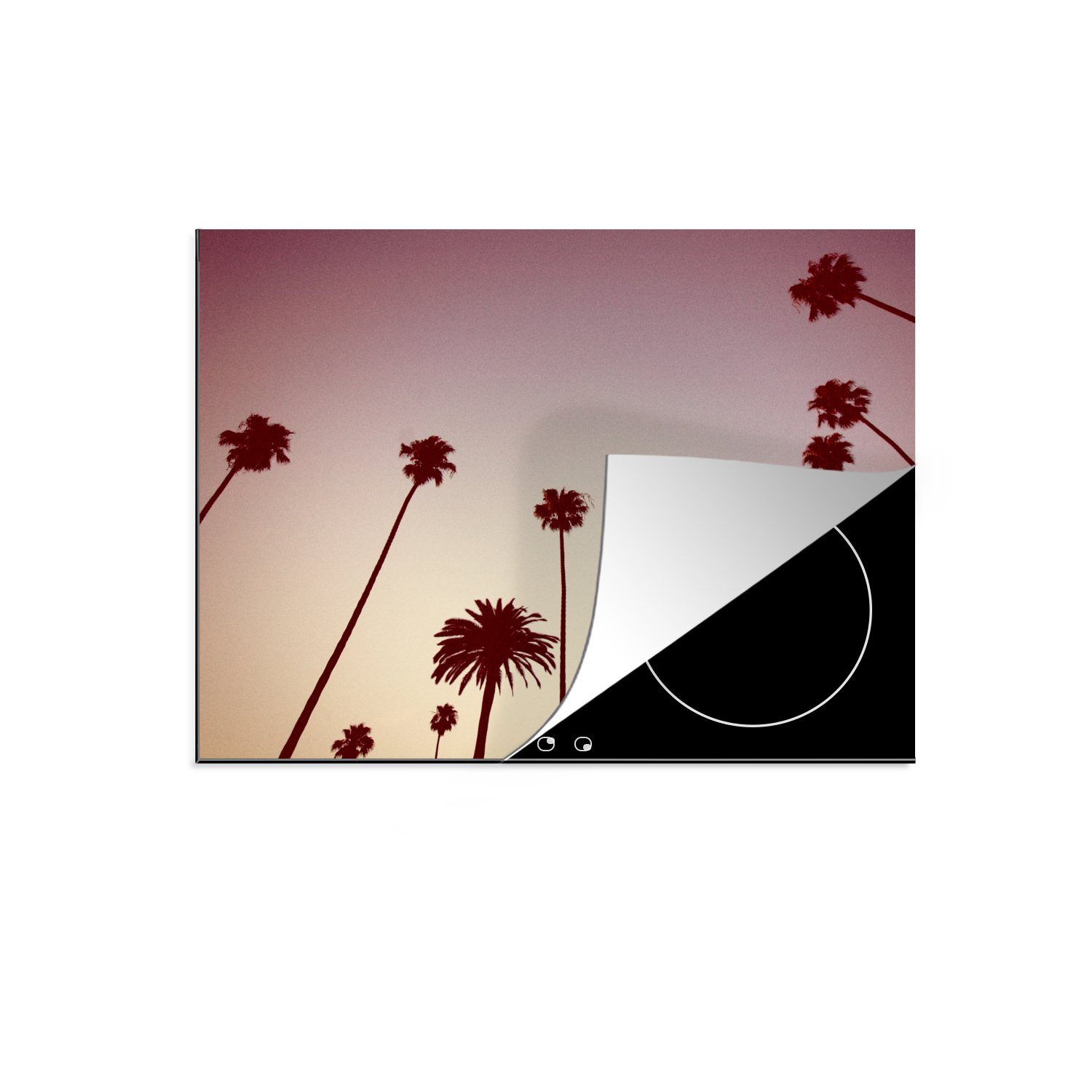 MuchoWow Herdblende-/Abdeckplatte Die Silhouetten einer Reihe von Palmen vor einem rosa Himmel, Vinyl, (1 tlg), 60x52 cm, Mobile Arbeitsfläche nutzbar, Ceranfeldabdeckung