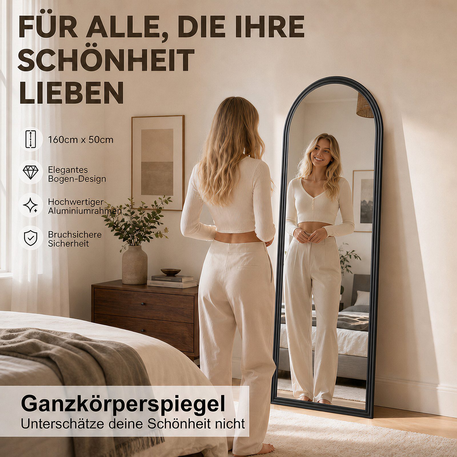 BBWL Ganzkörperspiegel 160 x 50 cm, Großer Standspiegel, mit stabilem Standfuß, Holzrahmen in Bogenform,HD Spiegelglas, stabiler Rahmen – Bild 5 von 5