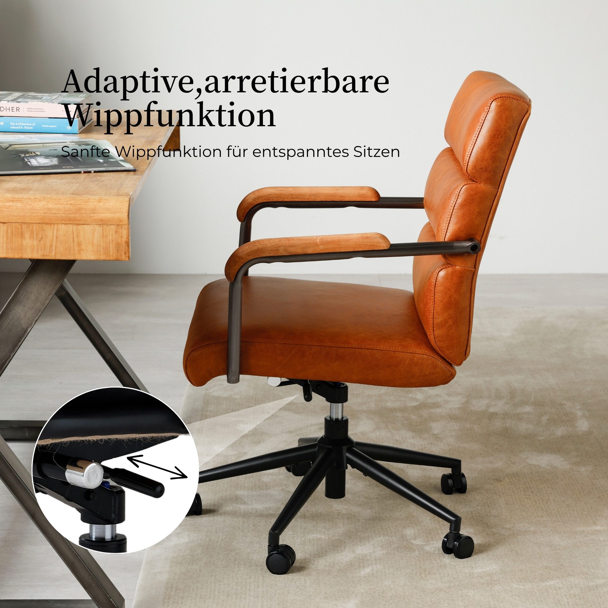SeedWave Bürostuhl Lederbezug Chefsessel mit Holz-Armlehnen, Drehstuhl mit Wippfunktion, Industrial-Stil, bis 136kg belastbar, mit leisen Rollen