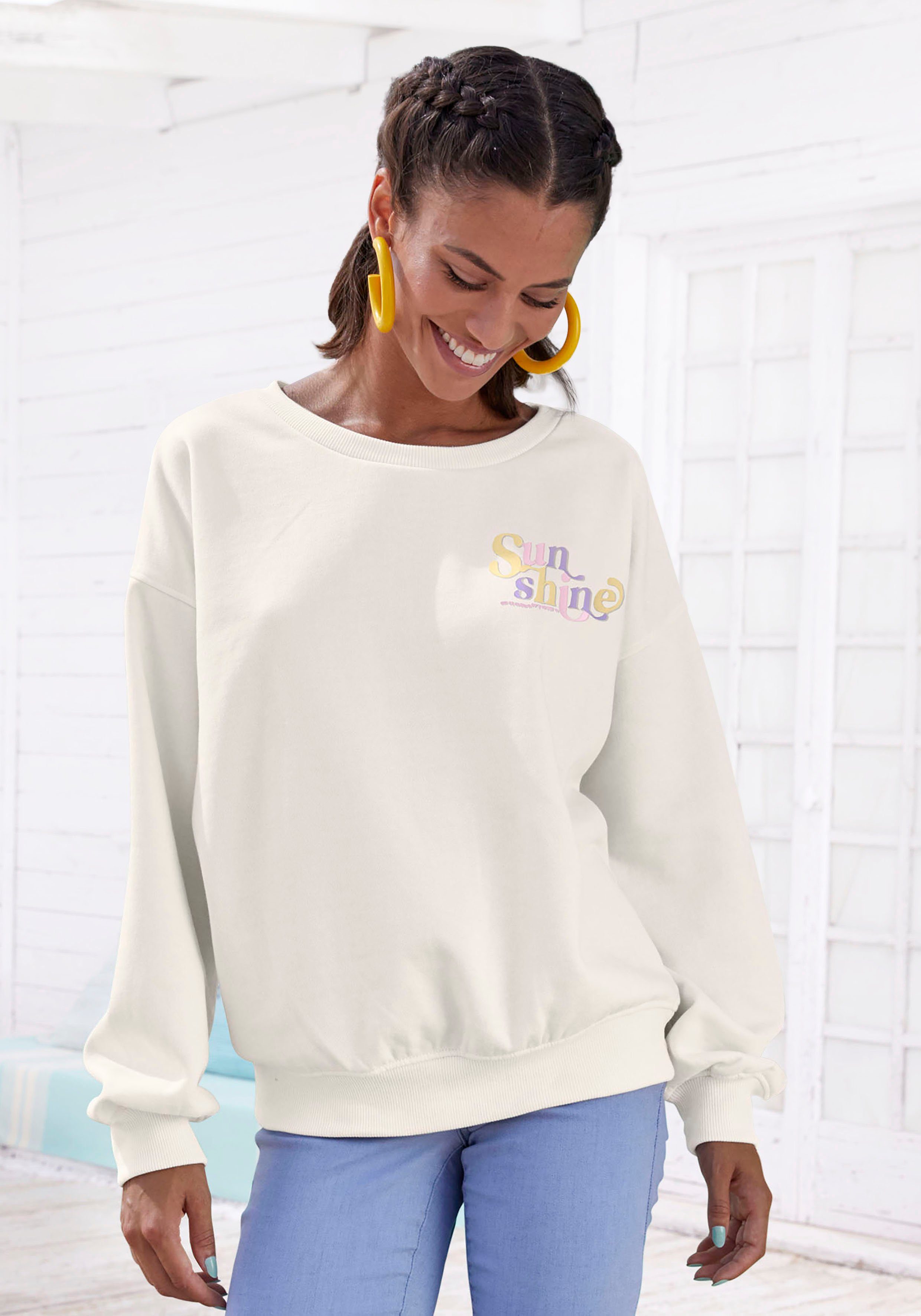 Buffalo Sweatshirt mit Rippbündchen und Sunshine Druck, Loungeanzug creme