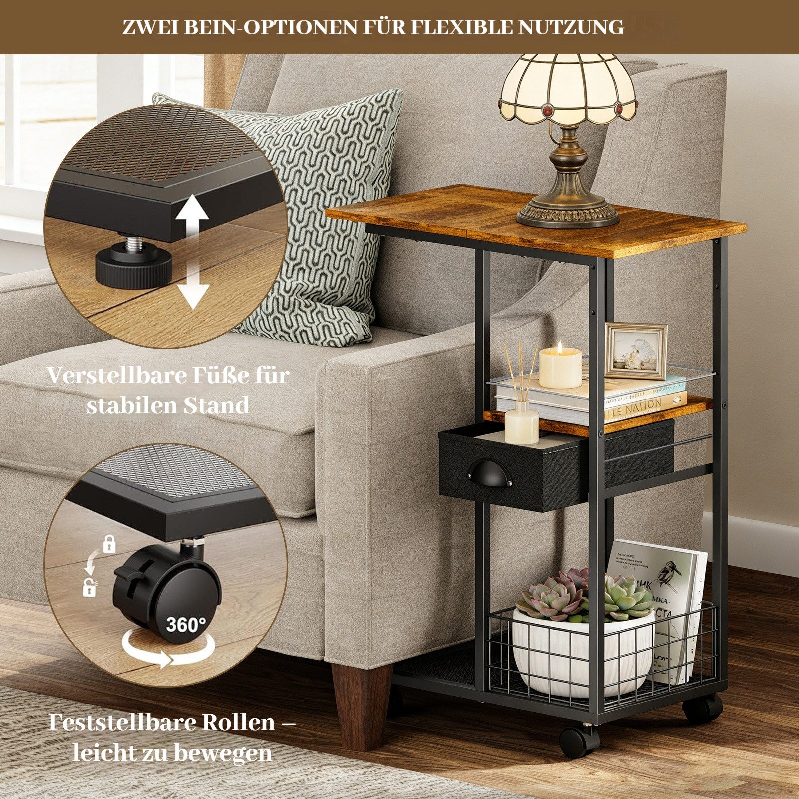 BlingBin Beistelltisch C-Förmiger Sofa-Beistelltisch Mit Schubladen Nachttisch mit Rollen (1er Set, 1-St., 40L x 29B x 71H cm), 3-Stöckiger Couchtisch Sofatisch Für Schlafzimmer Wohnzimmer