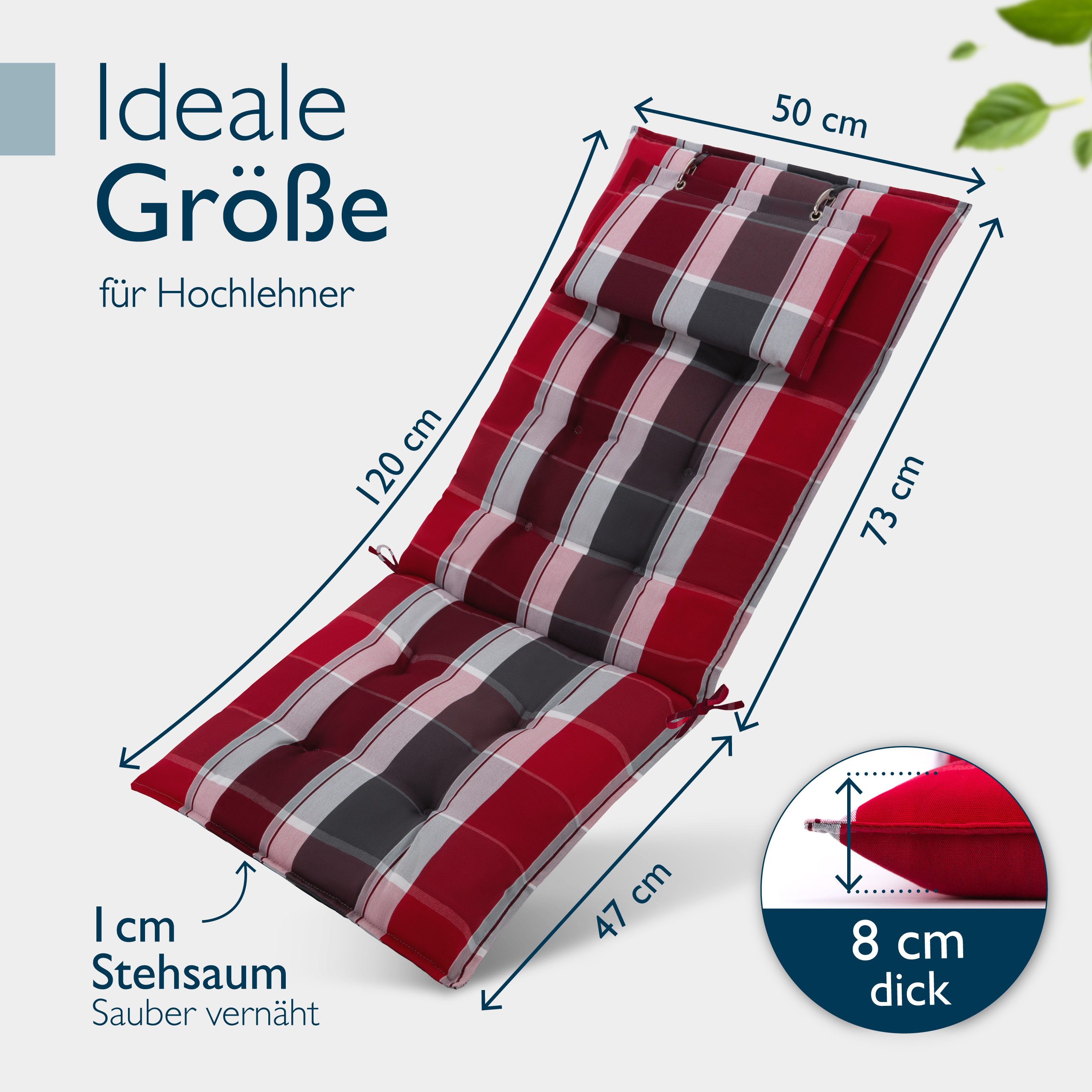 Beautissu Hochlehnerauflage 4er Set Sun-HL Hochlehner Auflage 120x50x8cm Rot-Anthrazit-Gestreift, Mit Kopfpolster, rutschfest & robust – Befestigungsbänder, UV 5