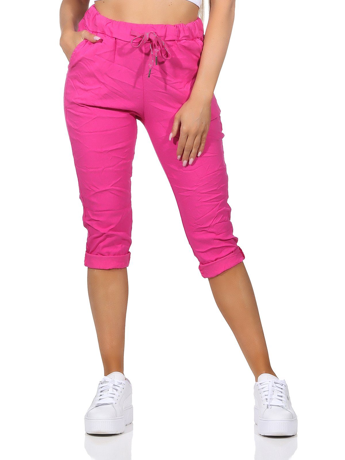 Aurela Damenmode 7/8-Hose Damen Sommerhose Capri Kurze sommerlichen und Bermuda in Farben, Kordelzug, Taschen 36-44 Jeans Pink Hose