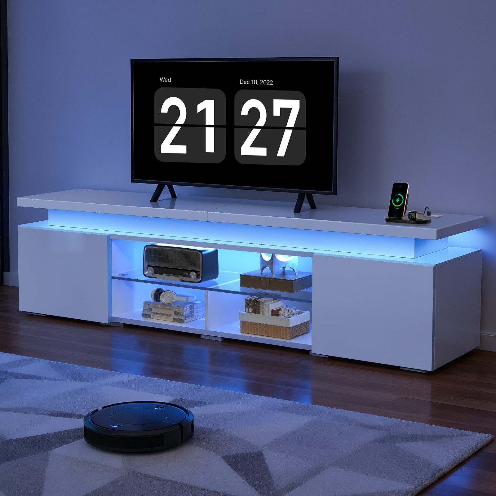 oyajia Lowboard TV-Schrank, Fernsehschrank mit RGB-LED und Steckdosen (für Fernseher bis 75 Zoll), TV-Schrank mit Mit 2 Türen, Regalen und viel Stauraum, 185x35x49cm
