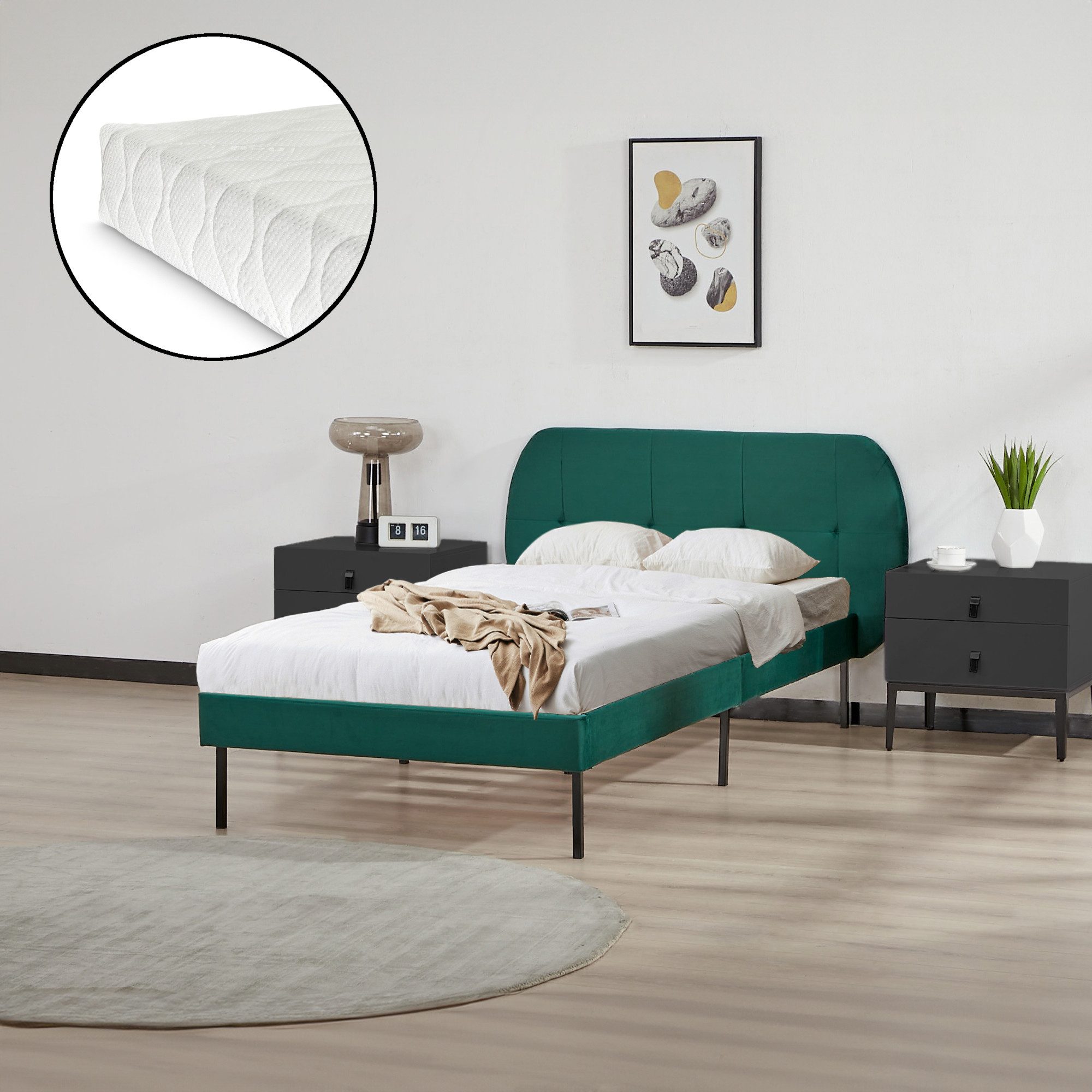 en.casa Polsterbett, »Porvoo« mit Matratze Samt 90 x 200 cm Dunkelgrün günstig online kaufen