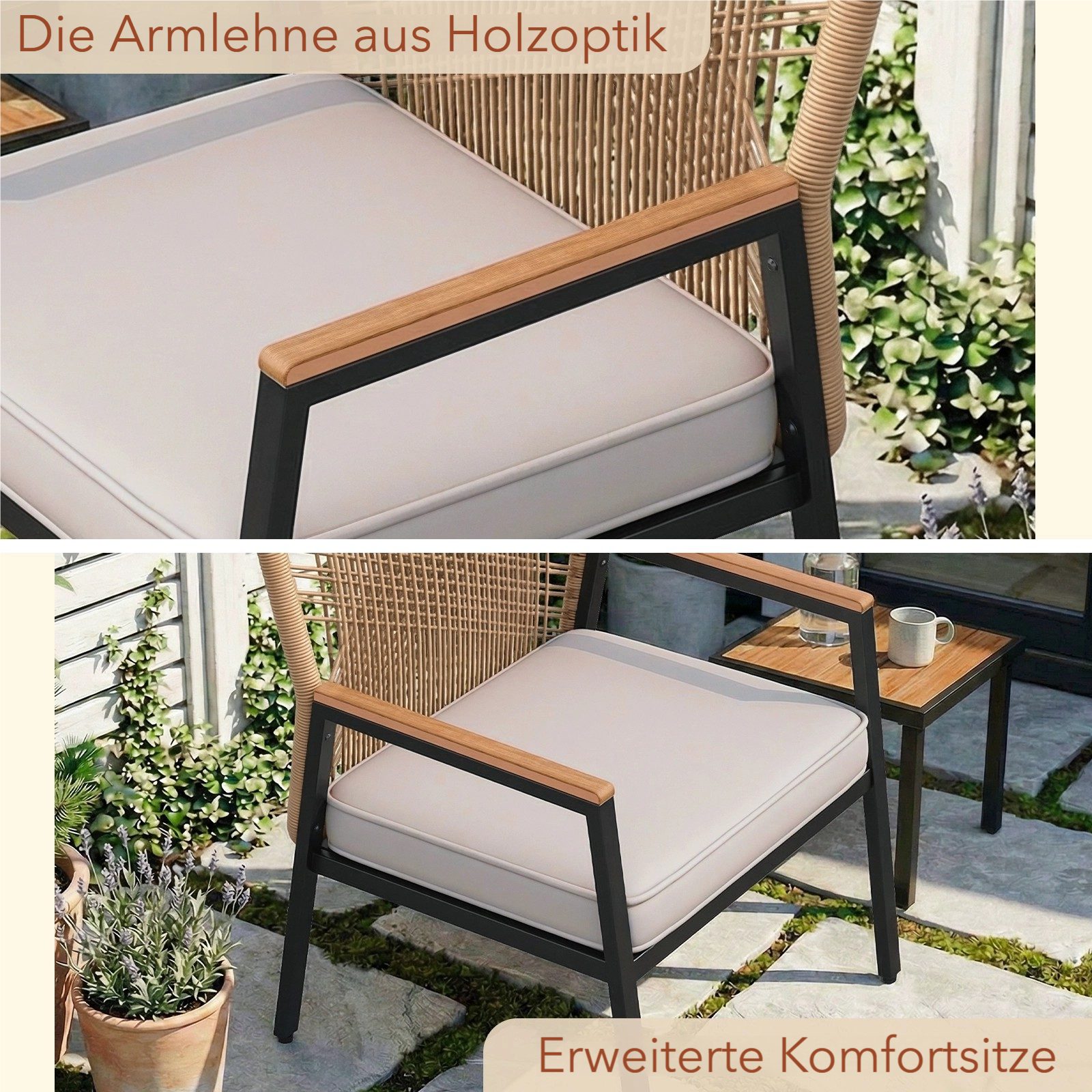 TLGREEN Gartenstuhl Eisen-Rattan Gartensessel,verbreiterter Sitz, (Gartenmöbel-Set,Zwei Stühle und ein Beistelltisch, 3 St), 160 kg Belastbar für Terrasse, Gart – Bild 4 von 5
