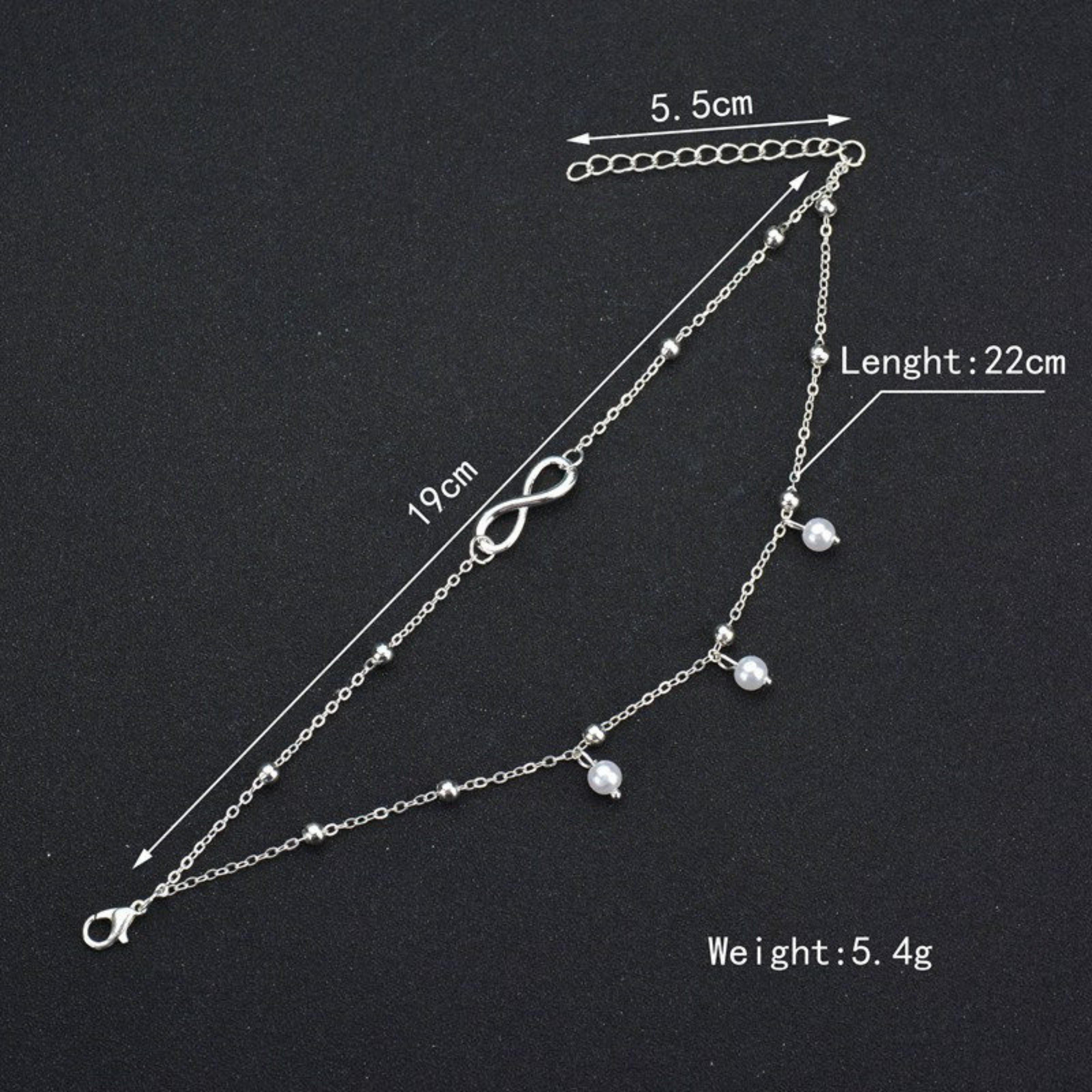 Felino Fußkette - 24 Damen Fußkette (19 Perlen Anhänger Silber Infinity Weiße cm) Unendlichkeit mit Fusskette, Längenverstellbar