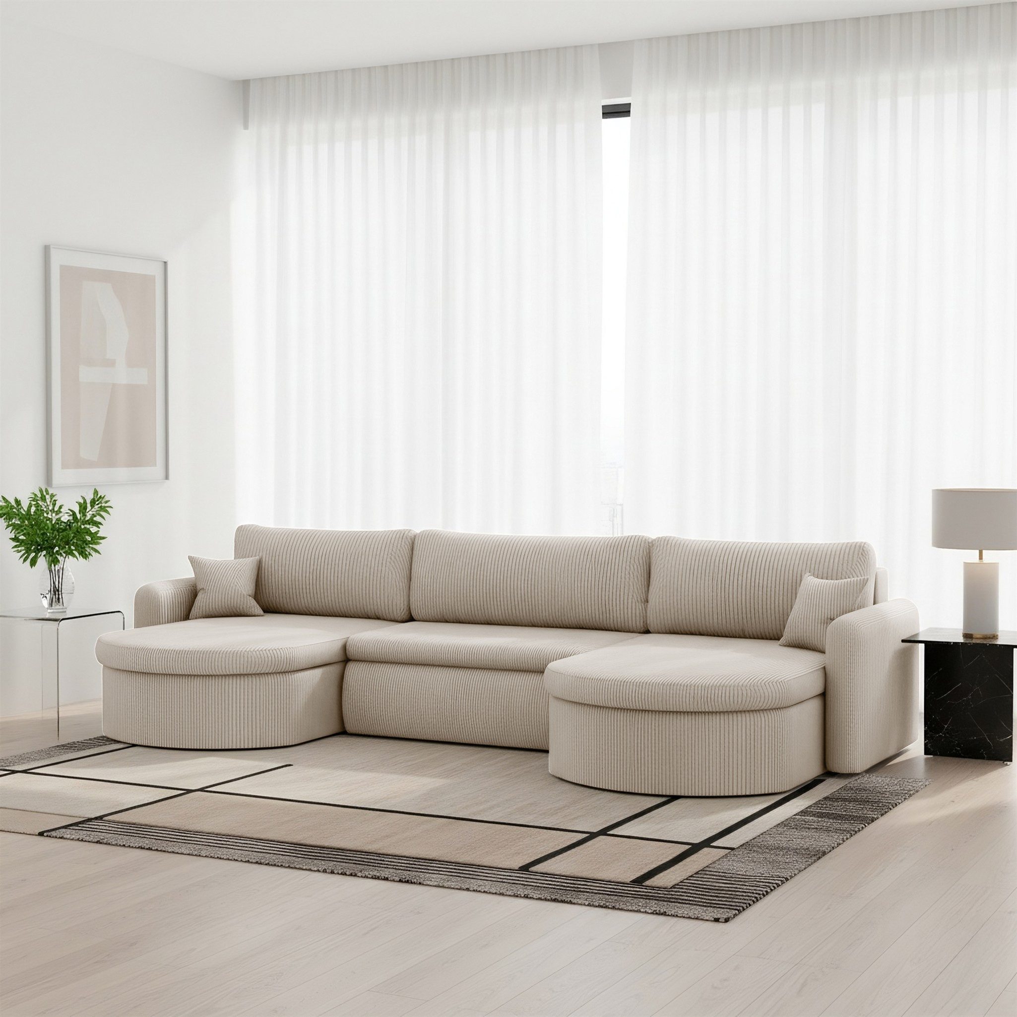 Fun Möbel Wohnlandschaft Sofa mit Schlaffunktion FELIZ, Rundumbezug, Inkl. Bettkasten und Zierkissen
