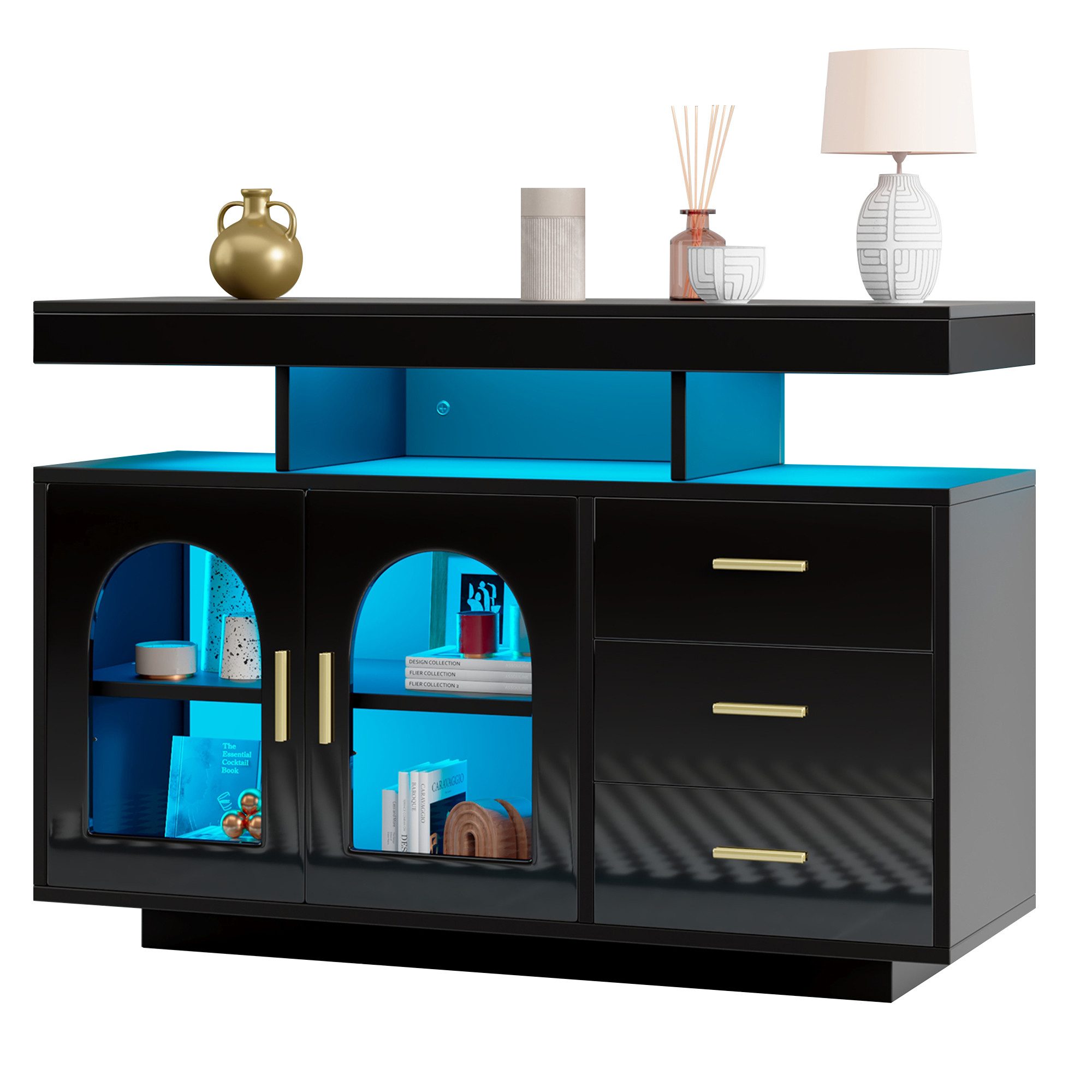 MODFU Sideboard Buffetschrank, Kaffeebarschrank, Hochglanz-Küchenschrank (Kommode, 1 St., mit 3 Schubladen, 2 Türen), mit Hochglanzfront,16-Farben-Lichtern