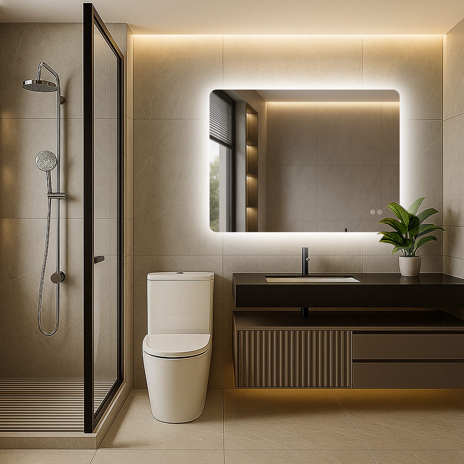 PESENXAN Badspiegel mit Beleuchtung, LED Badezimmerspiegel mit 3 Lichtfarben, Dimmbar (1-St), Speicherfunktion, Touch-Schalter, IP44 Wasserdicht, 100x60cm
