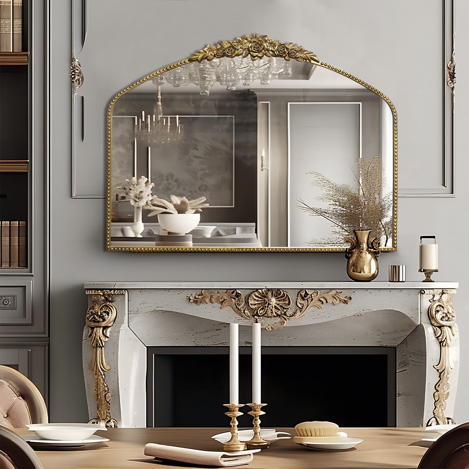 G-LEAF Wandspiegel Bogen-Wandspiegel im Barockstil, Metallrahmen mit Perlenverzierung (1-St), für Eingangsbereich, Badezimmer oder Schlafzimmer, Vintage-Gold