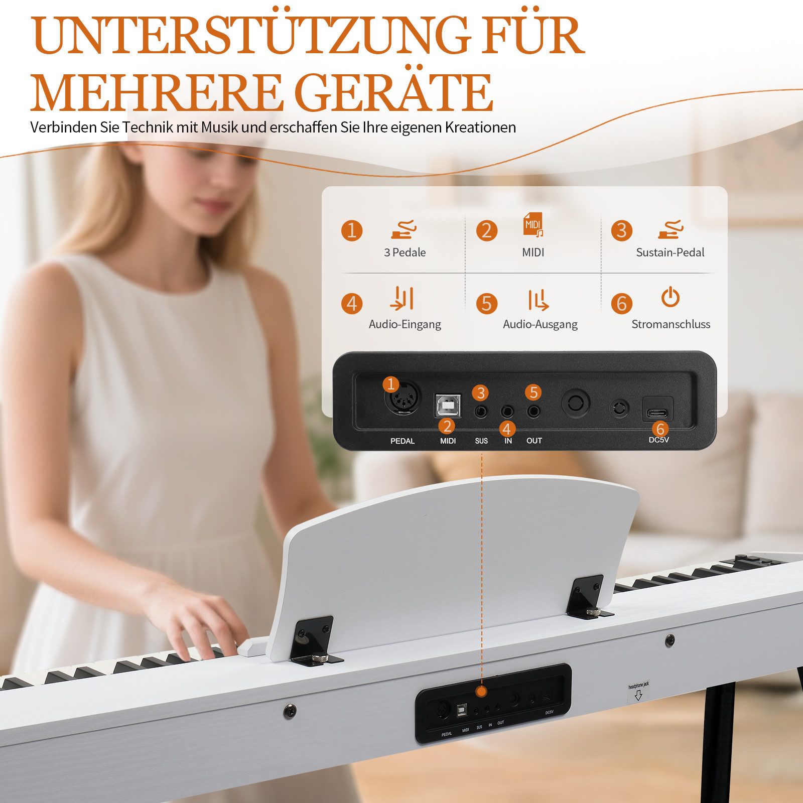 LALAHO Digitalpiano E-Piano 88 Tasten halbgewichtete Tastatur,Bluetooth und MIDI, Digital Keyboard mit Aufnahmefunktion, Transponierung – Bild 4 von 5