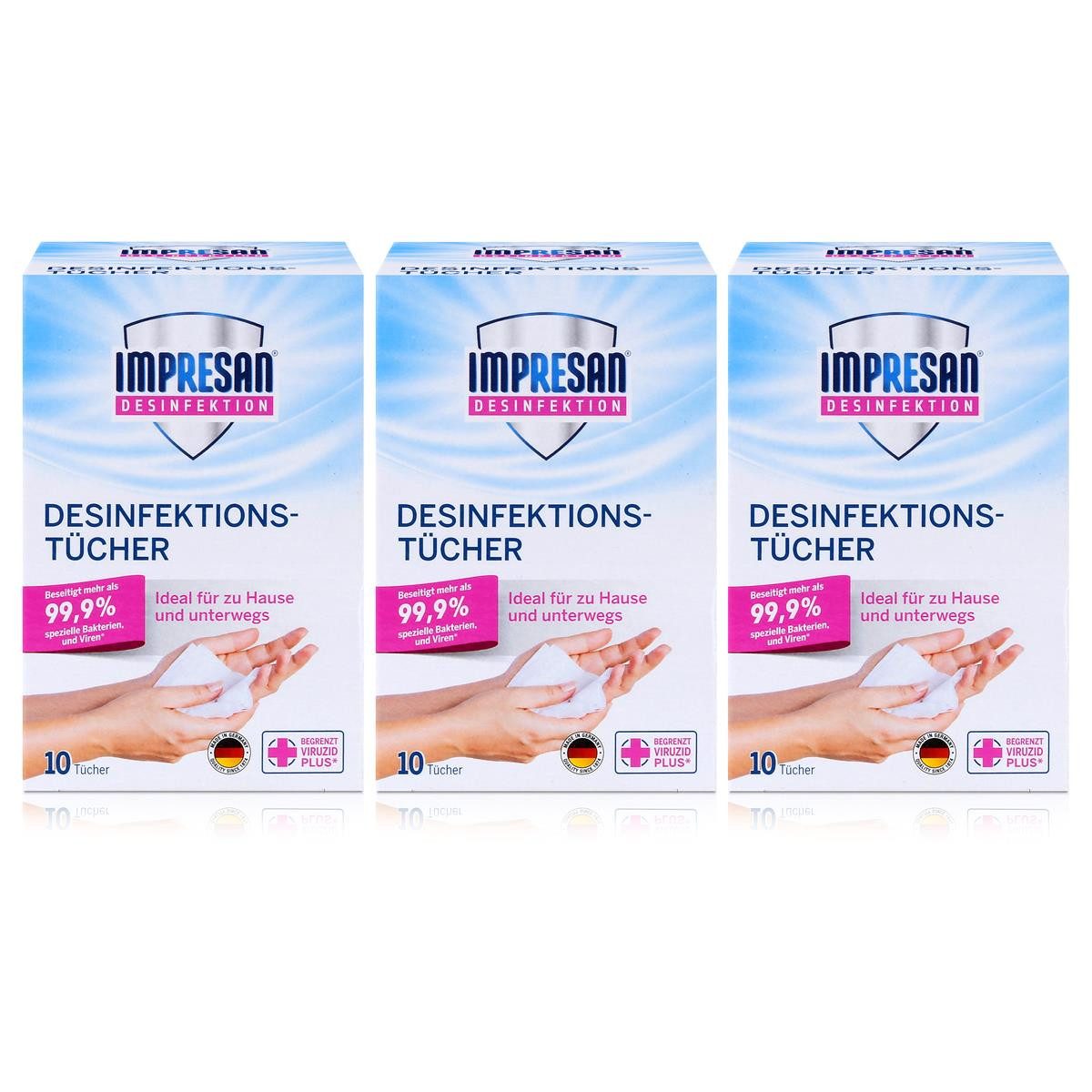 IMPRESAN Handseife Impresan Desinfektions-Tücher 10 stk. - Ideal für unterwegs (3er Pack)