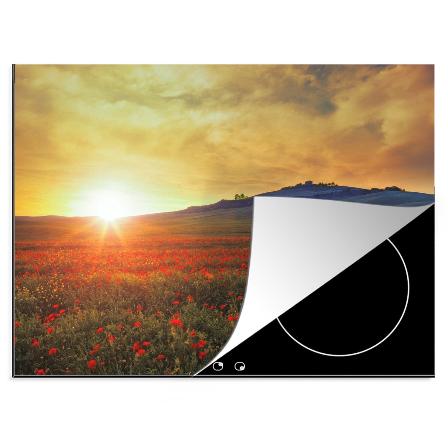 MuchoWow Herdblende-/Abdeckplatte Italien - Sonnenuntergang - Mohnblume, Vinyl, (1 tlg), 70x52 cm, Mobile Arbeitsfläche nutzbar, Ceranfeldabdeckung